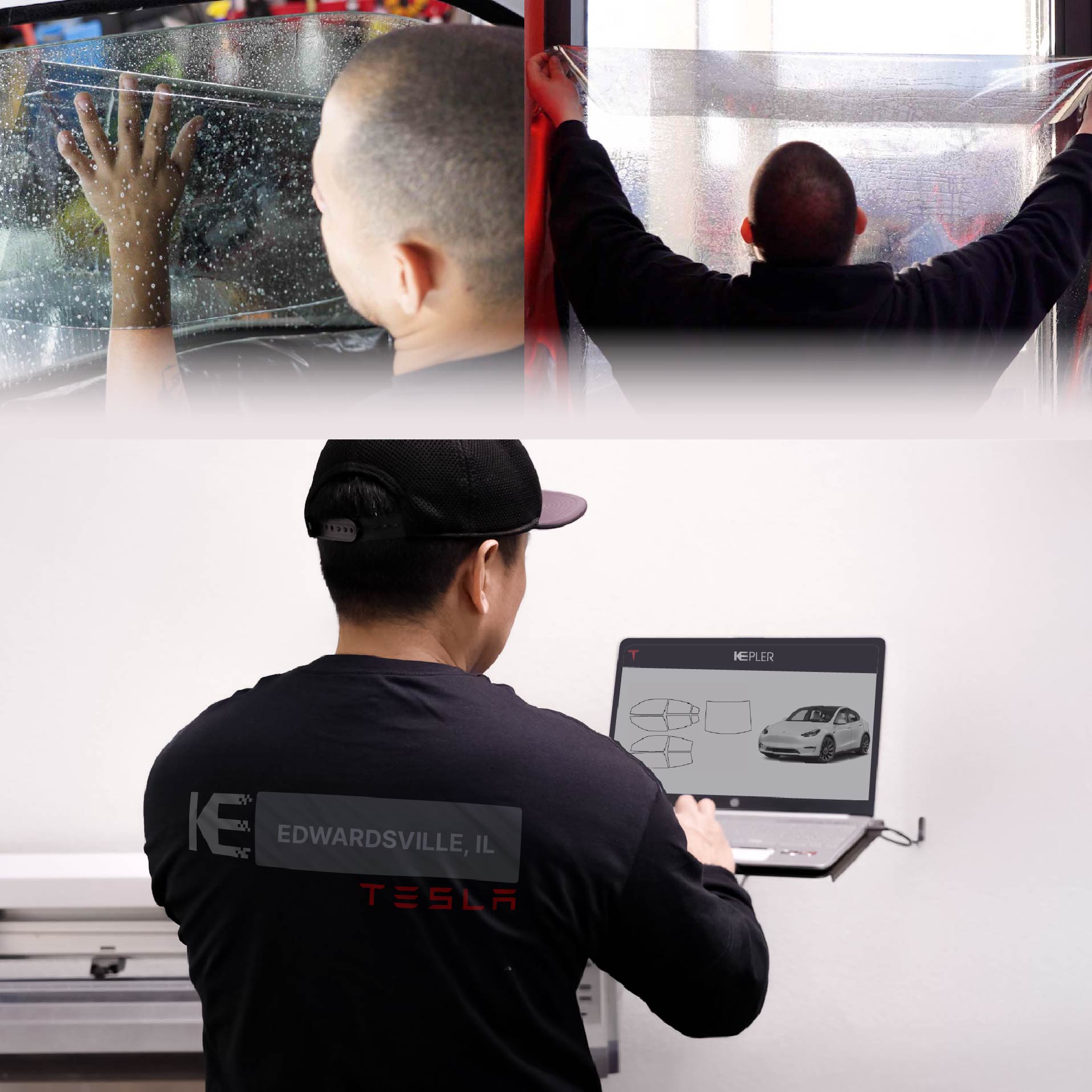 Expert Technician Fitting Advanced Window Tint to Tesla in Edwardsville