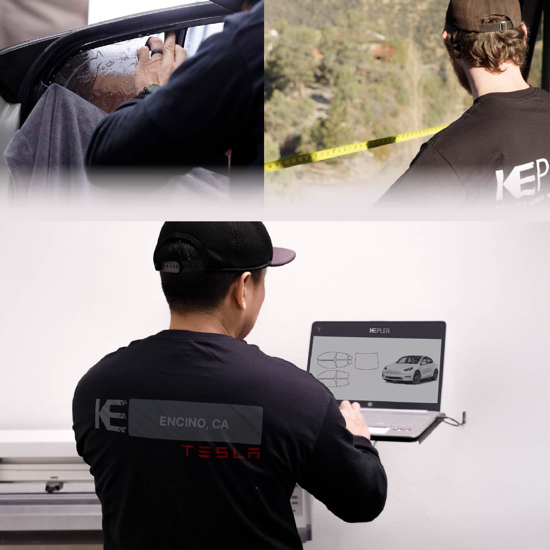 Kepler Technician Applying Ceramic Window Tint to Tesla in Encino