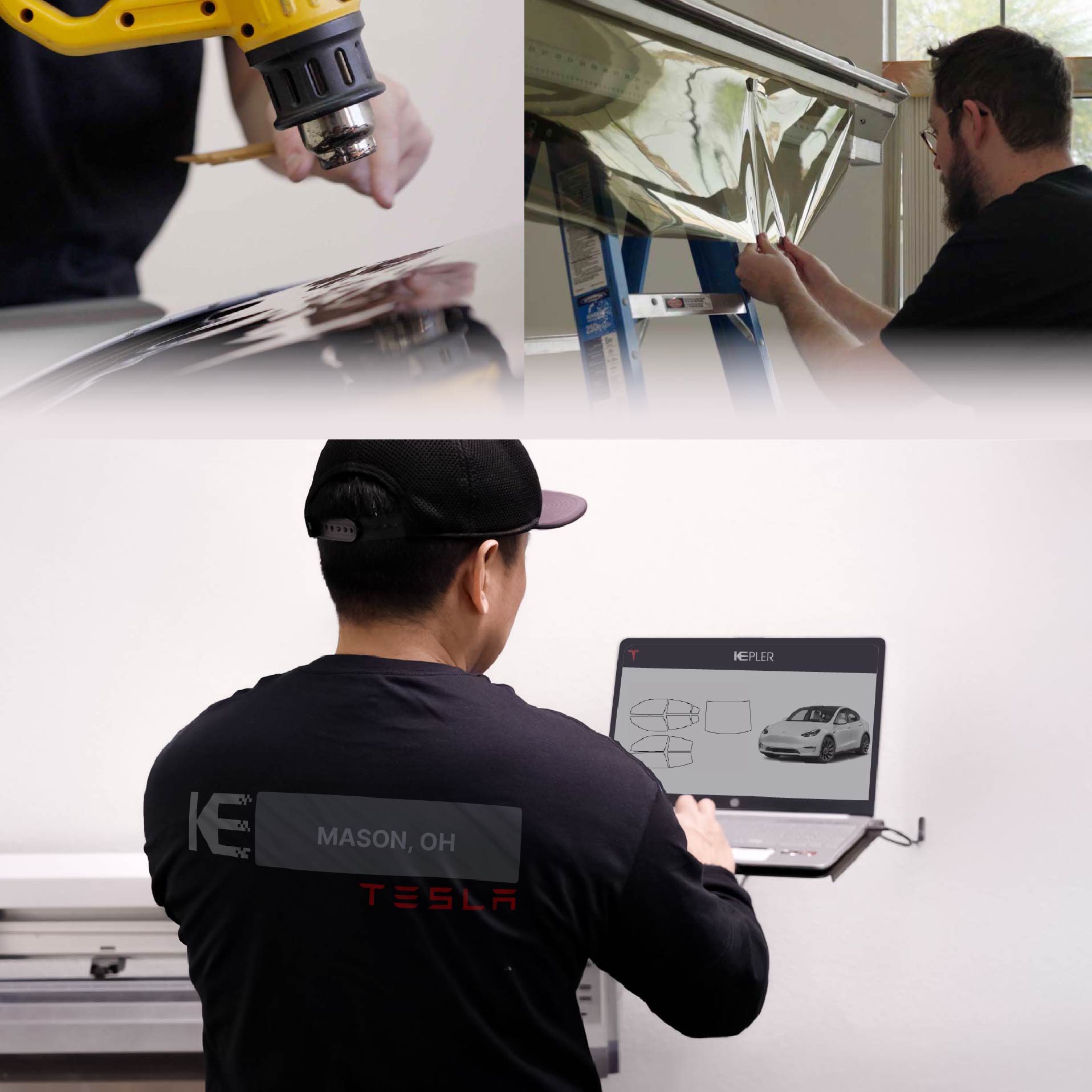 Kepler Technician Fitting Ceramic Window Tint to Tesla in Mason