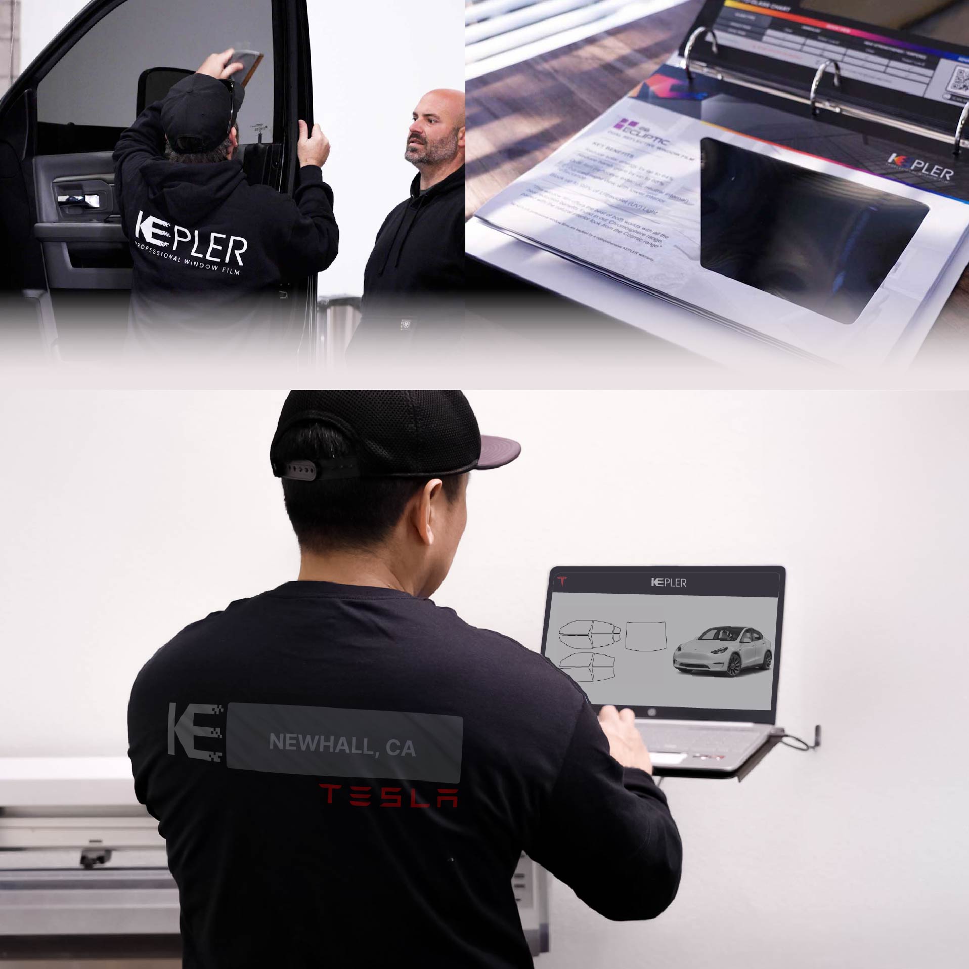 Kepler Technician Installing Advanced Window Tint to Tesla in Newhall