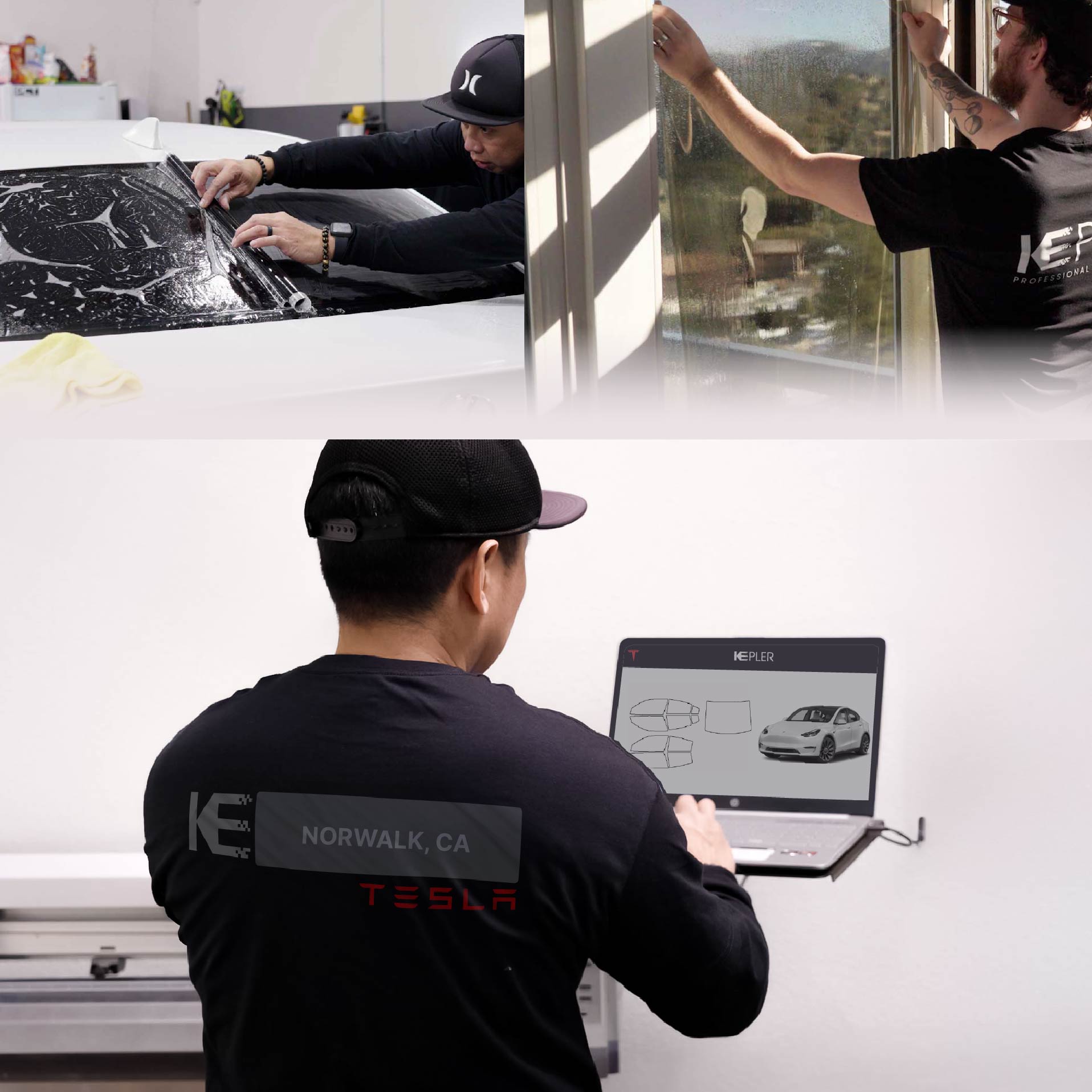 Kepler Technician Fitting Ceramic Window Tint to Tesla in Norwalk
