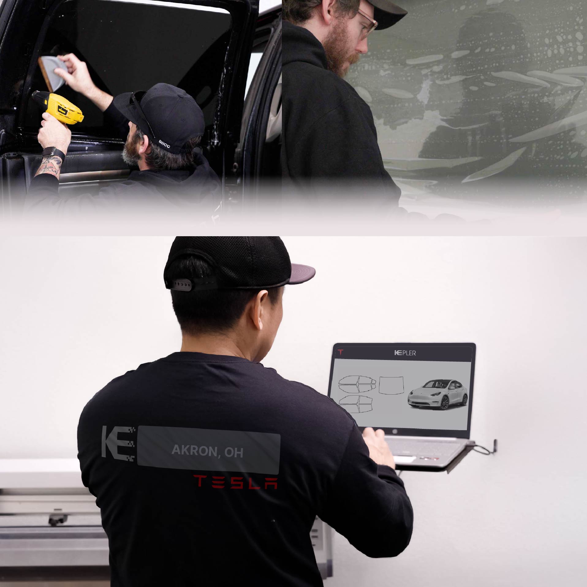 Kepler Technician Fitting High-tech Window Tint to Tesla in Akron