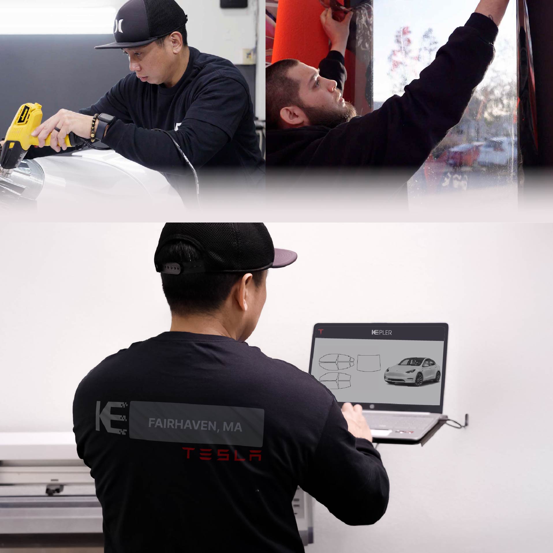 Kepler Technician Installing Ceramic Window Tint to Tesla in Fairhaven