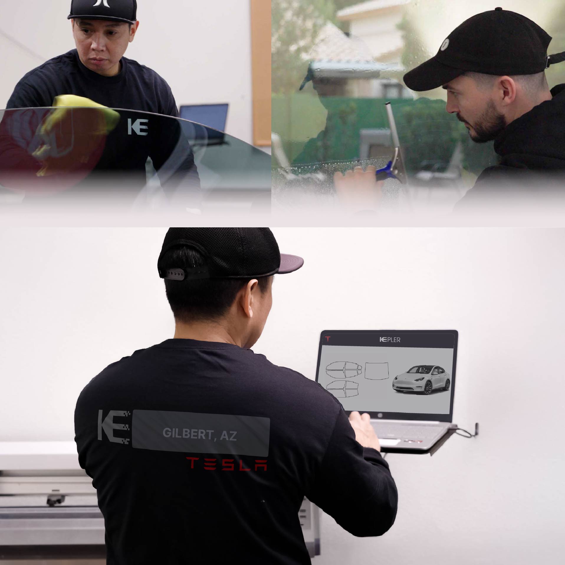Kepler Technician Fitting Ceramic Window Tint to Tesla in Gilbert