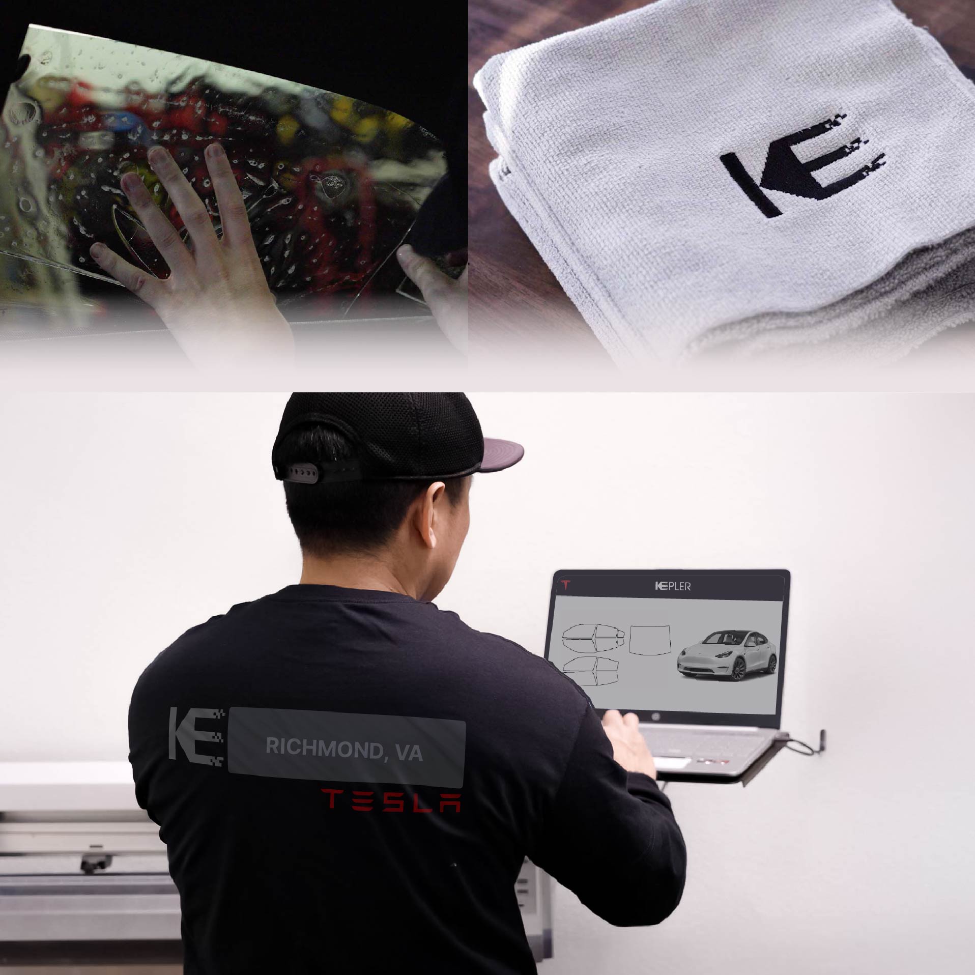 Kepler Technician Fitting Advanced Window Tint to Tesla in Richmond