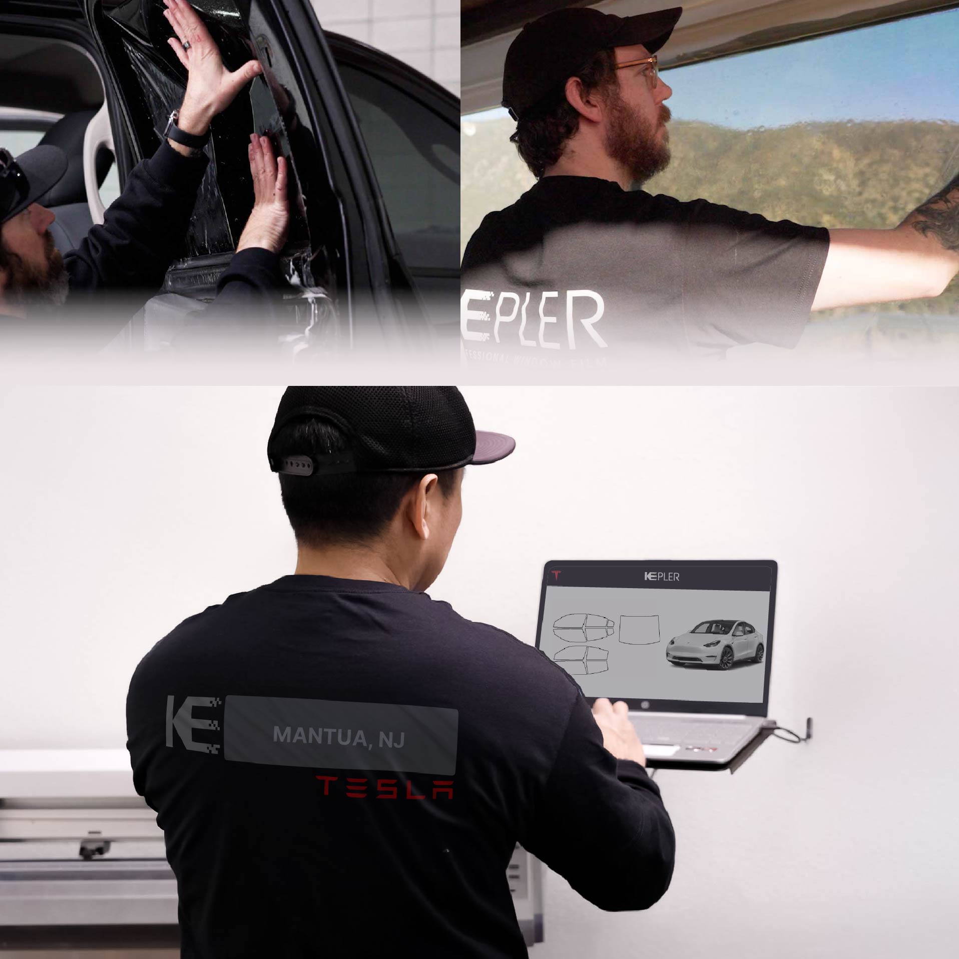 Expert Technician Fitting Advanced Window Tint to Tesla in Mantua