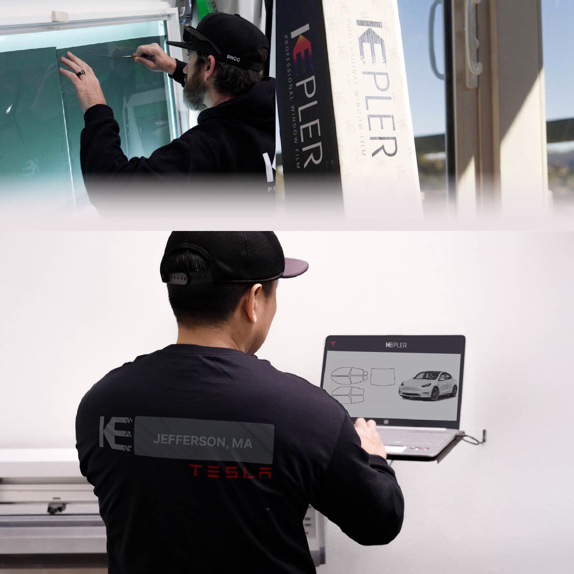 Expert Technician Installing Ceramic Window Tint to Tesla in Jefferson