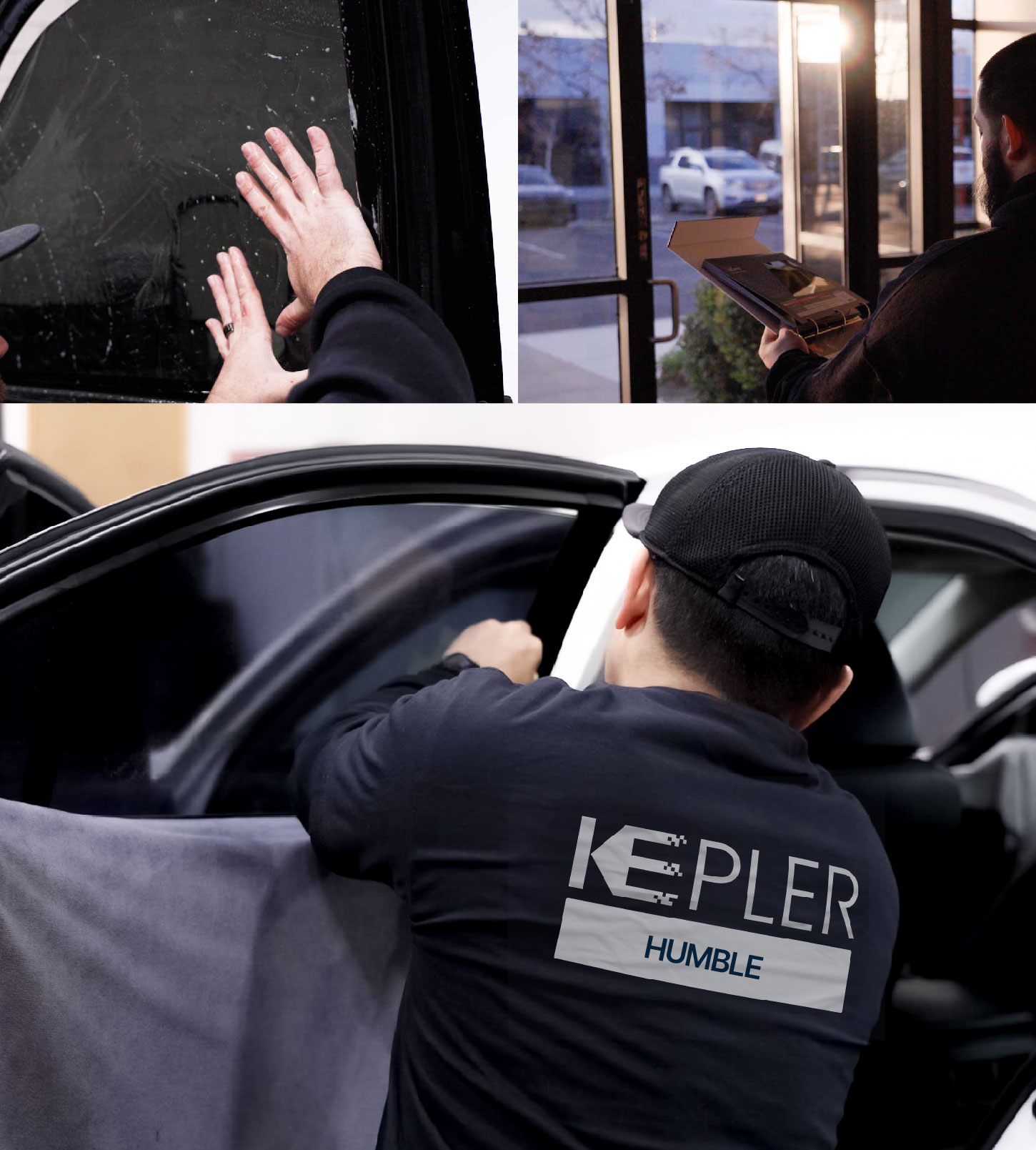 Automotive Window Tinting Expert Applying Film in Humble, Texas