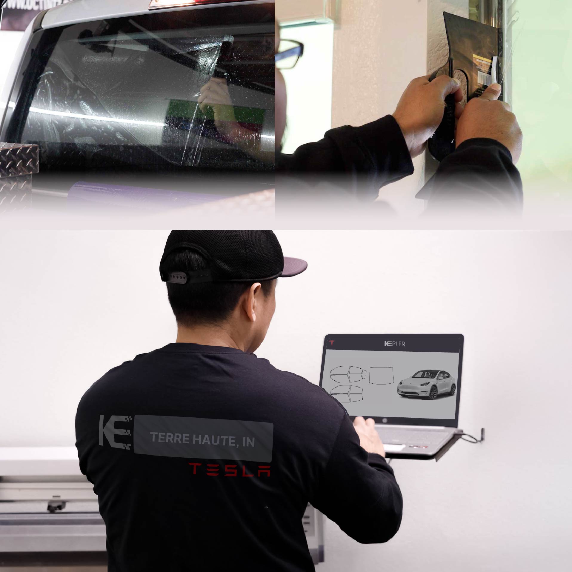 Kepler Technician Installing High-tech Window Tint to Tesla in Terre Haute