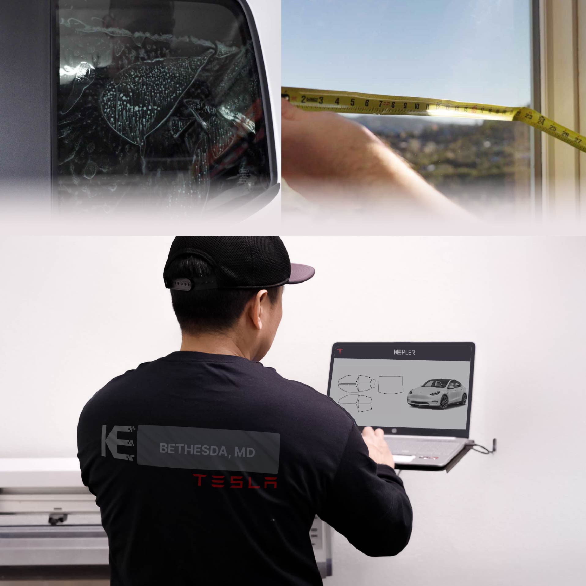 Expert Technician Installing Advanced Window Tint to Tesla in Bethesda