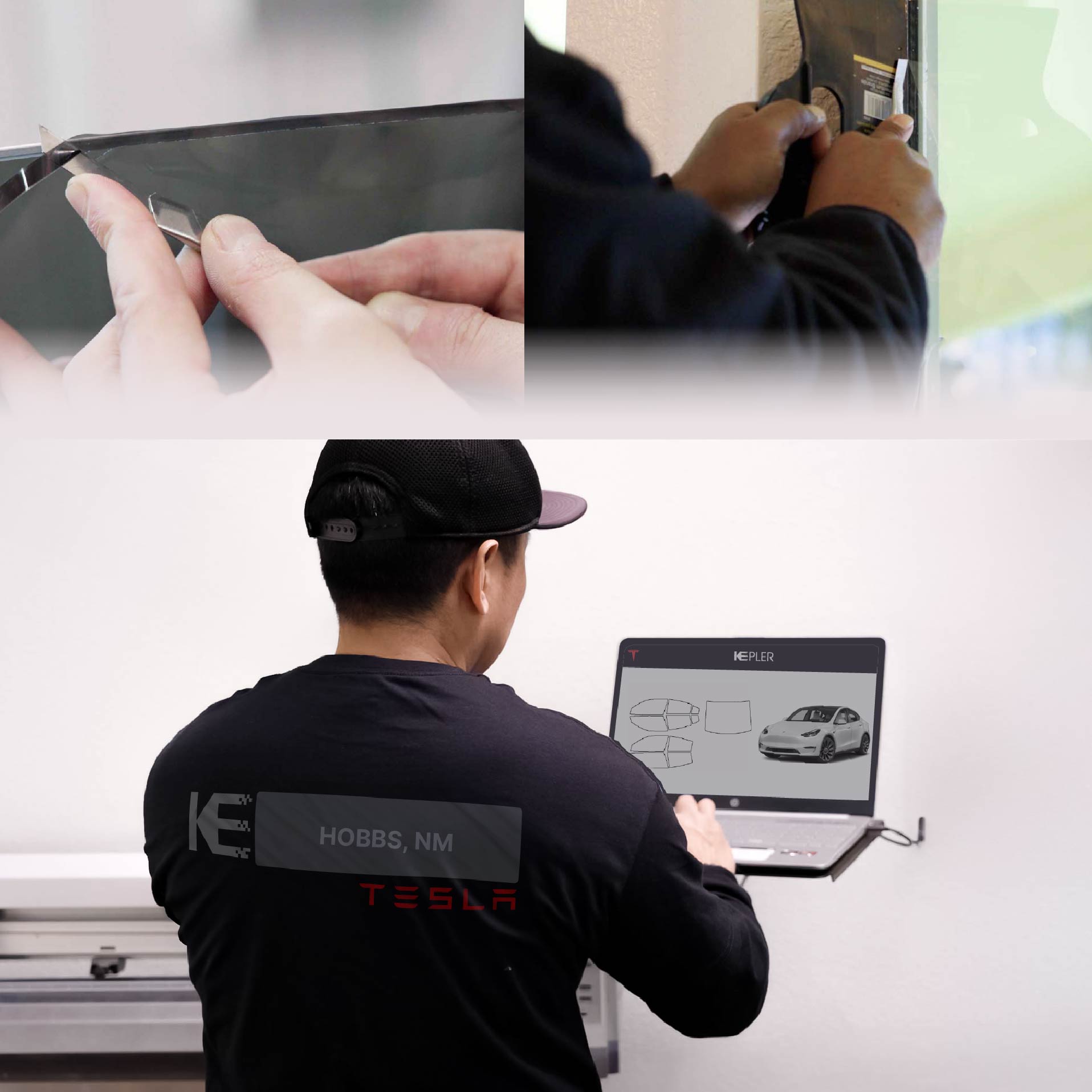 Expert Technician Applying High-tech Window Tint to Tesla in Hobbs