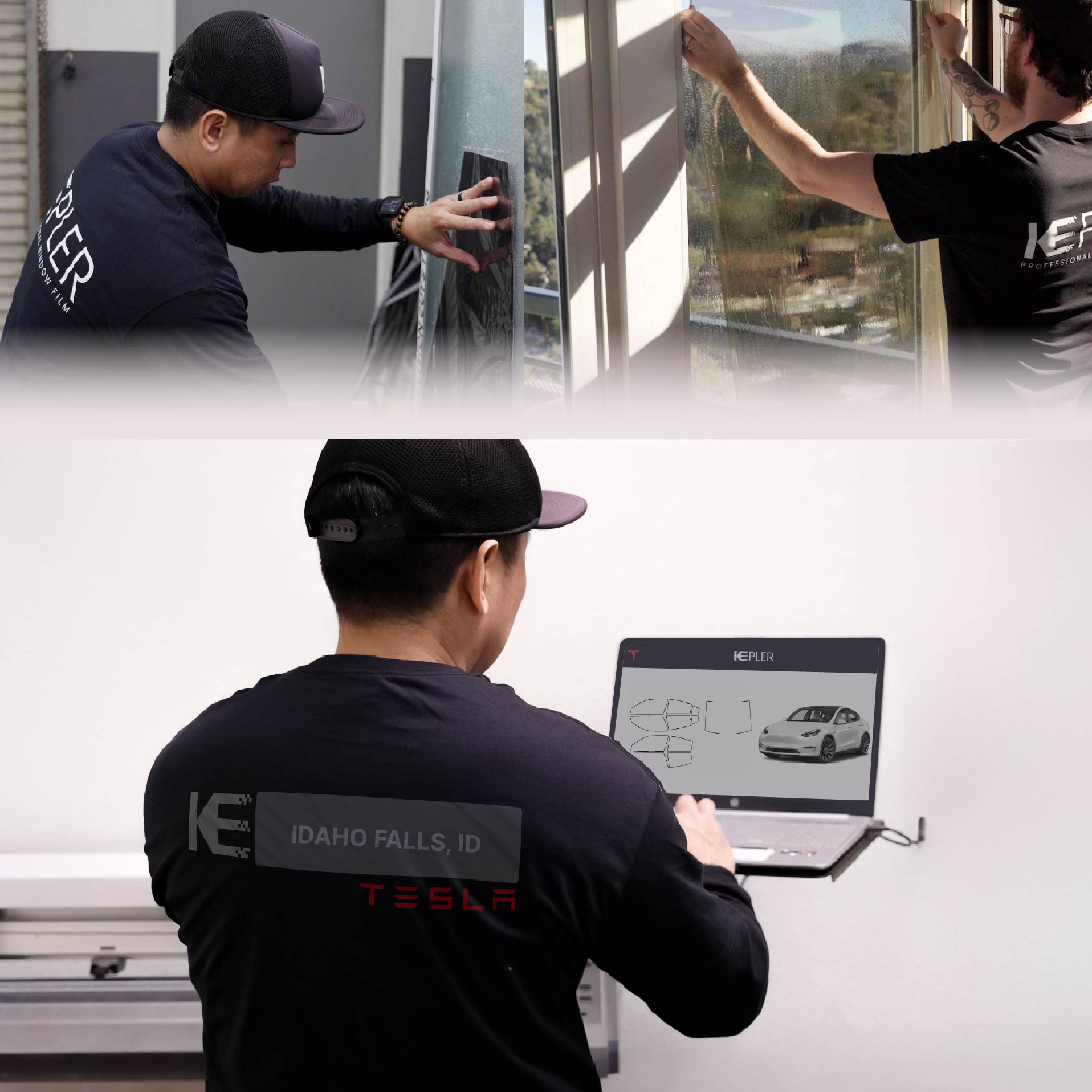 Kepler Technician Installing Ceramic Window Tint to Tesla in Idaho Falls