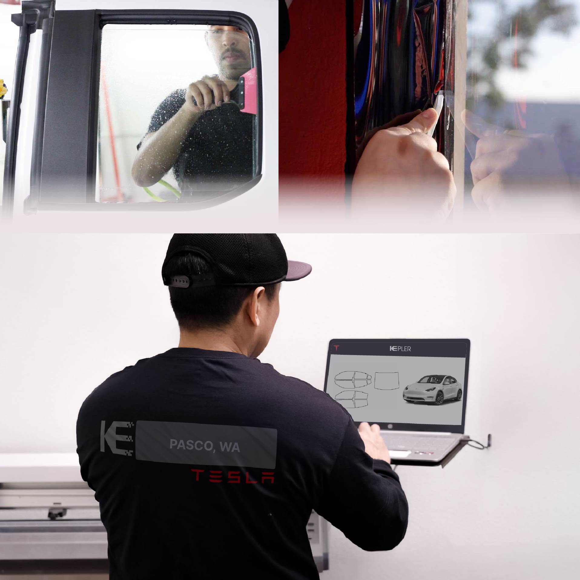 Expert Technician Fitting Advanced Window Tint to Tesla in Pasco