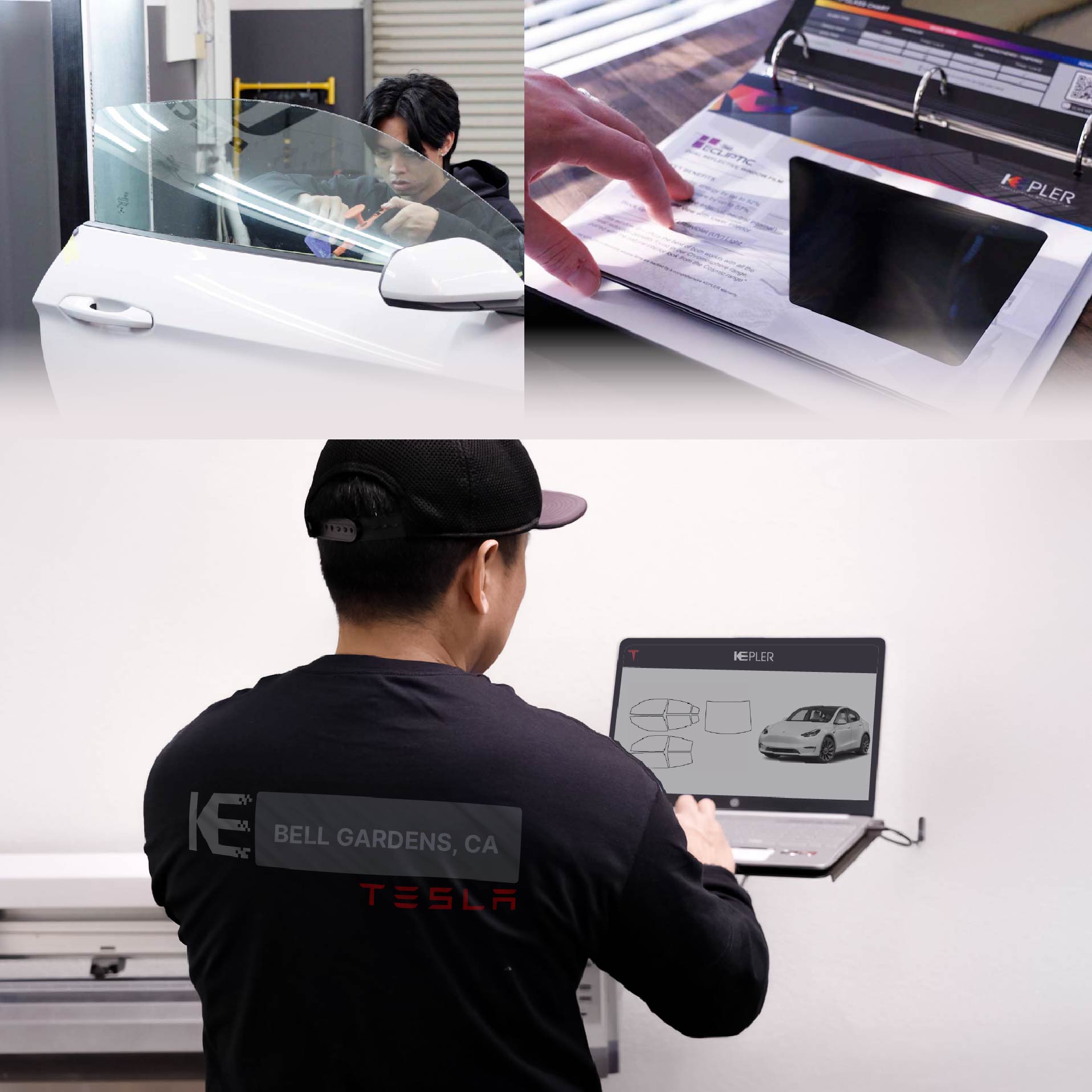 Expert Technician Applying High-tech Window Tint to Tesla in Bell Gardens