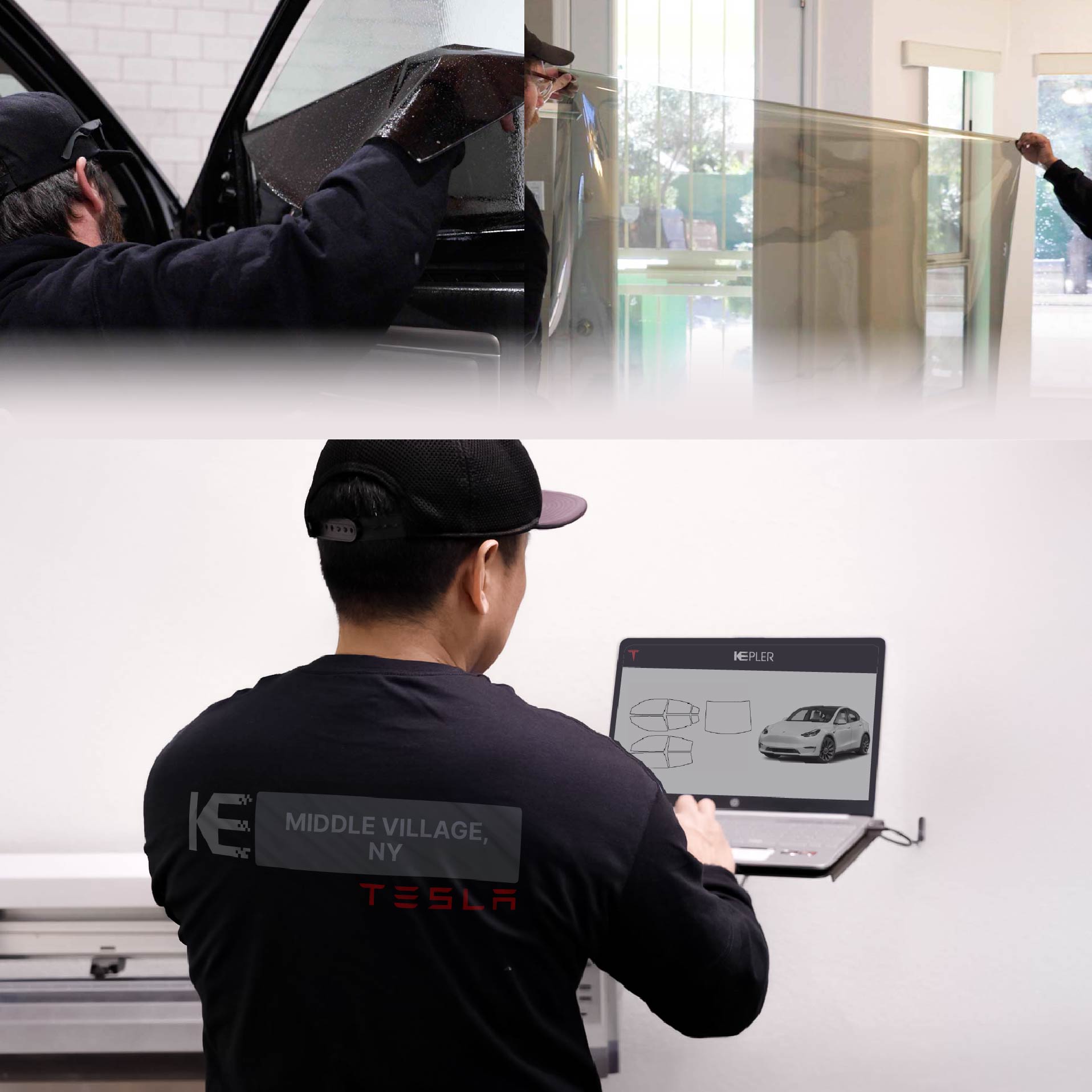 Expert Technician Applying High-tech Window Tint to Tesla in Middle Village
