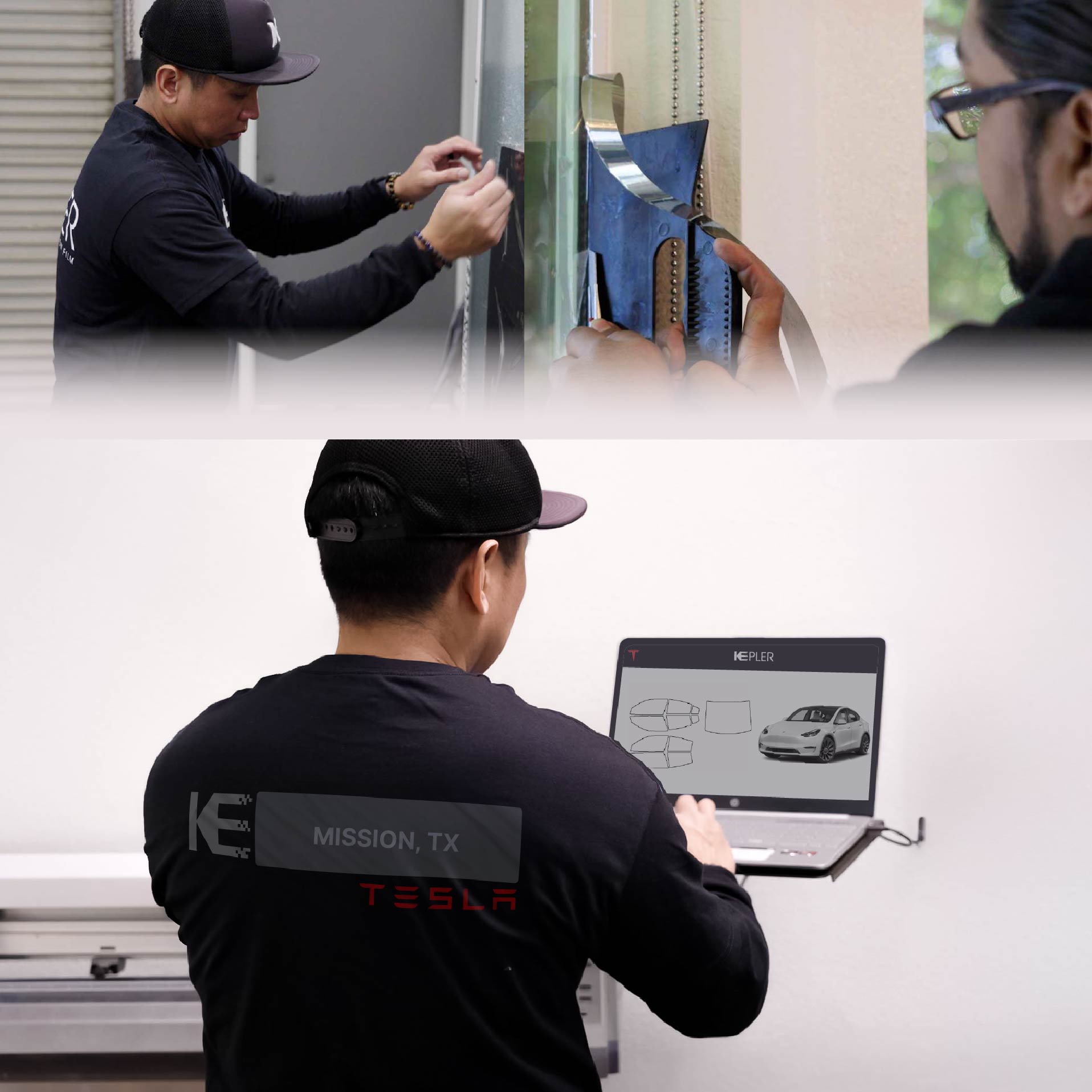 Expert Technician Installing Advanced Window Tint to Tesla in Mission