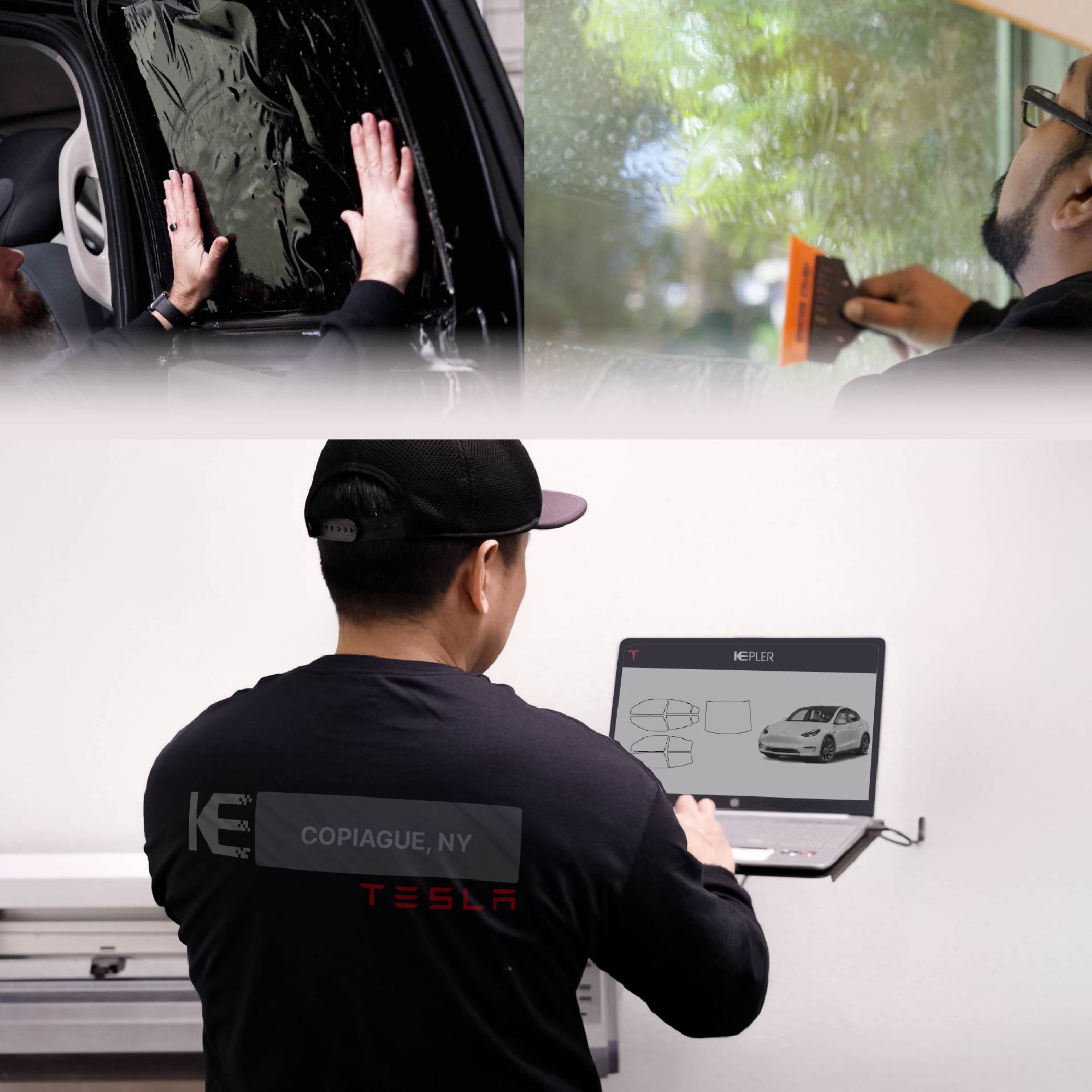 Expert Technician Installing Ceramic Window Tint to Tesla in Copiague