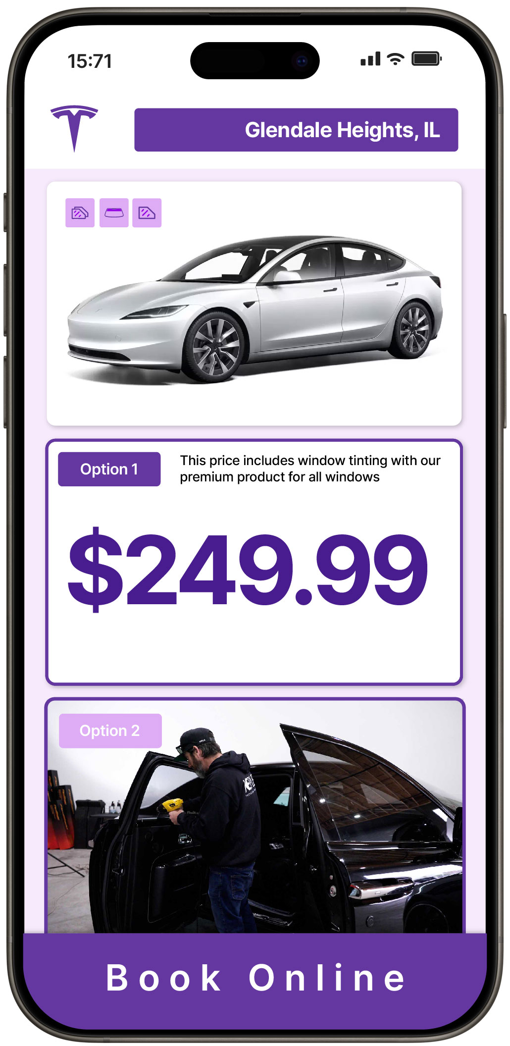View Competitive Tesla Window Tinting Costs in Glendale Heights, Illinois