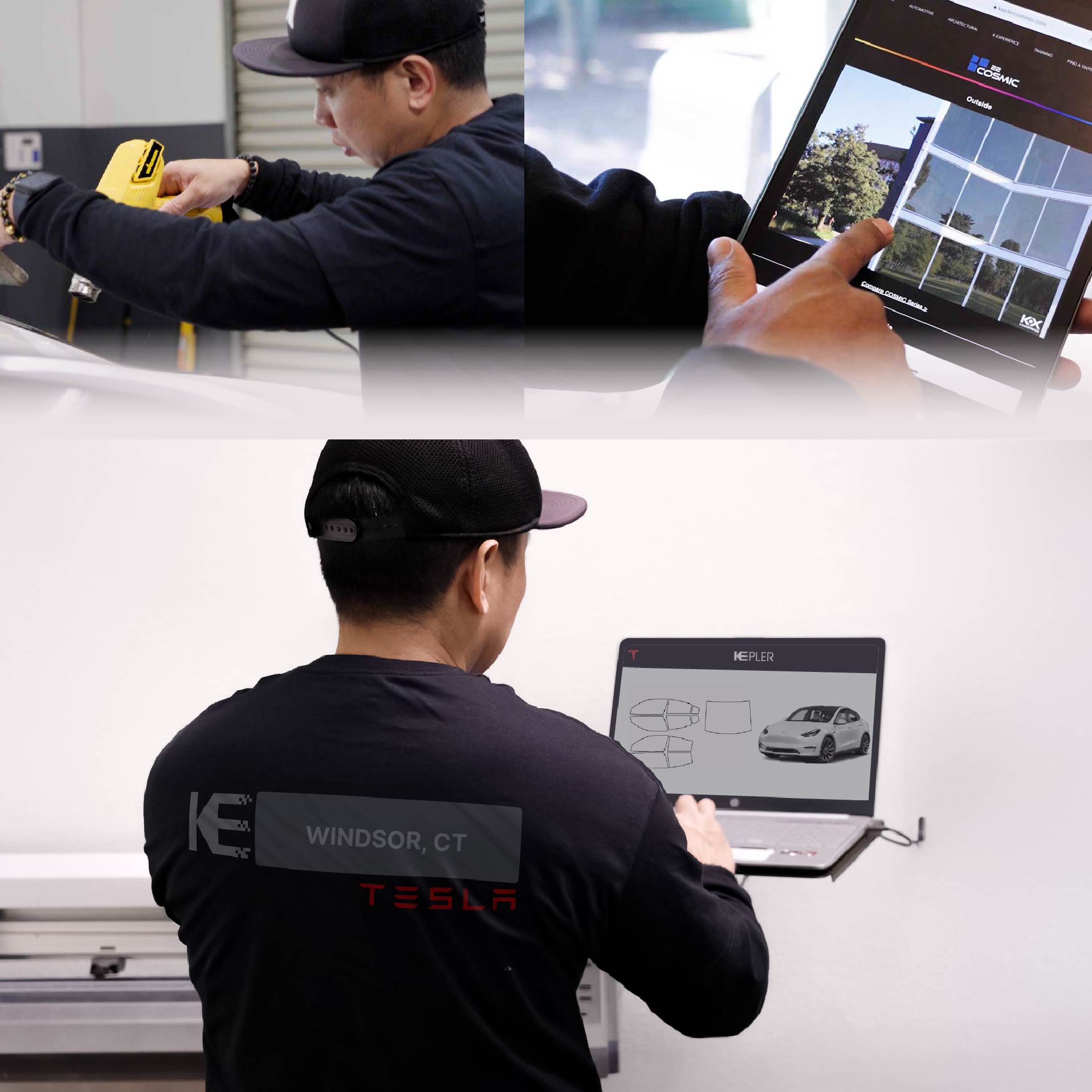 Kepler Technician Applying High-tech Window Tint to Tesla in Windsor