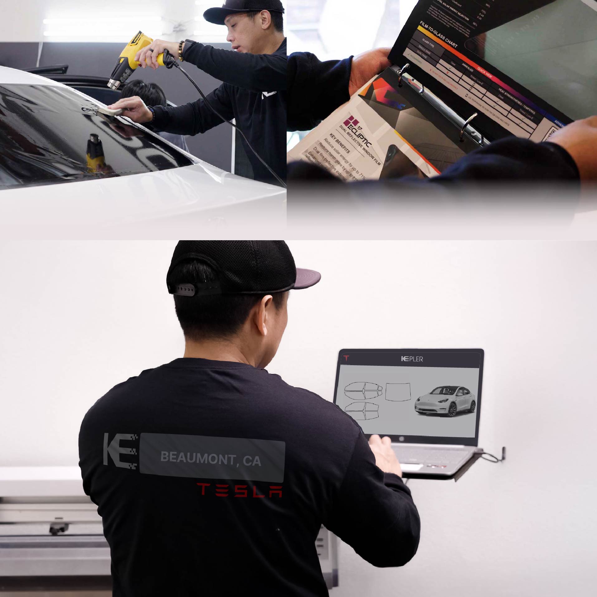 Expert Technician Installing Ceramic Window Tint to Tesla in Beaumont