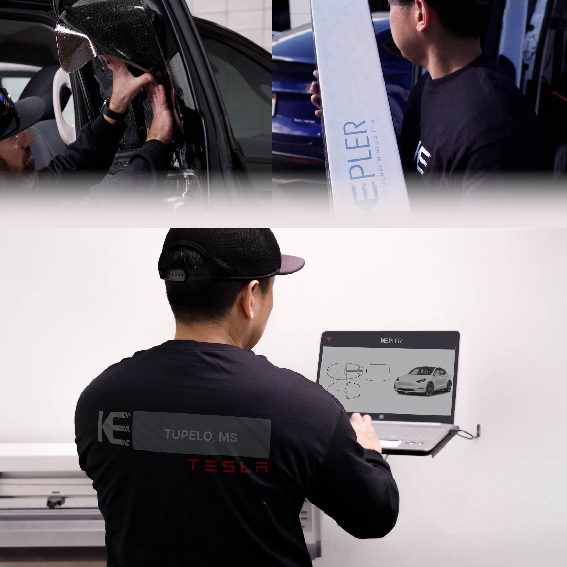 Expert Technician Installing High-tech Window Tint to Tesla in Tupelo