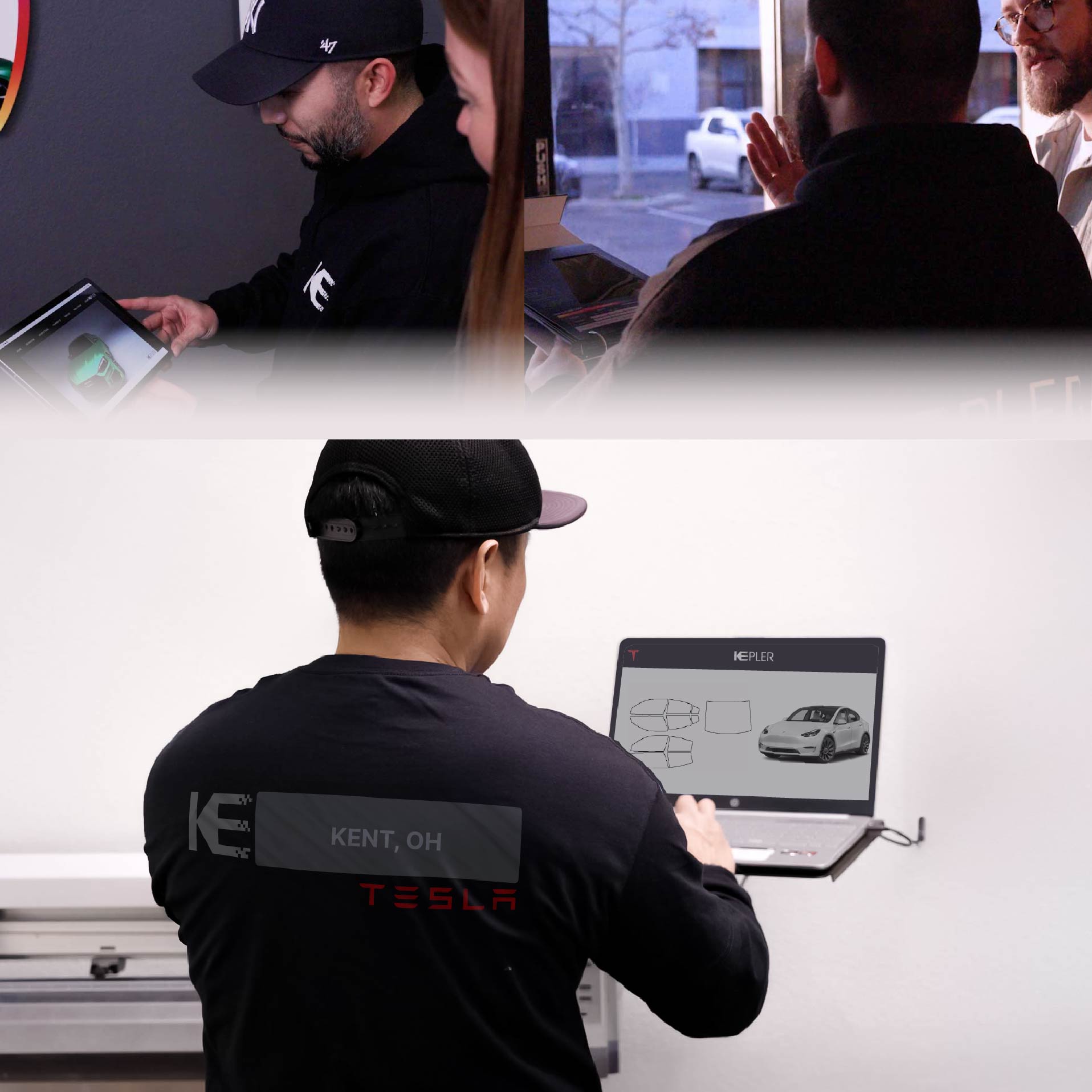 Kepler Technician Installing Ceramic Window Tint to Tesla in Kent