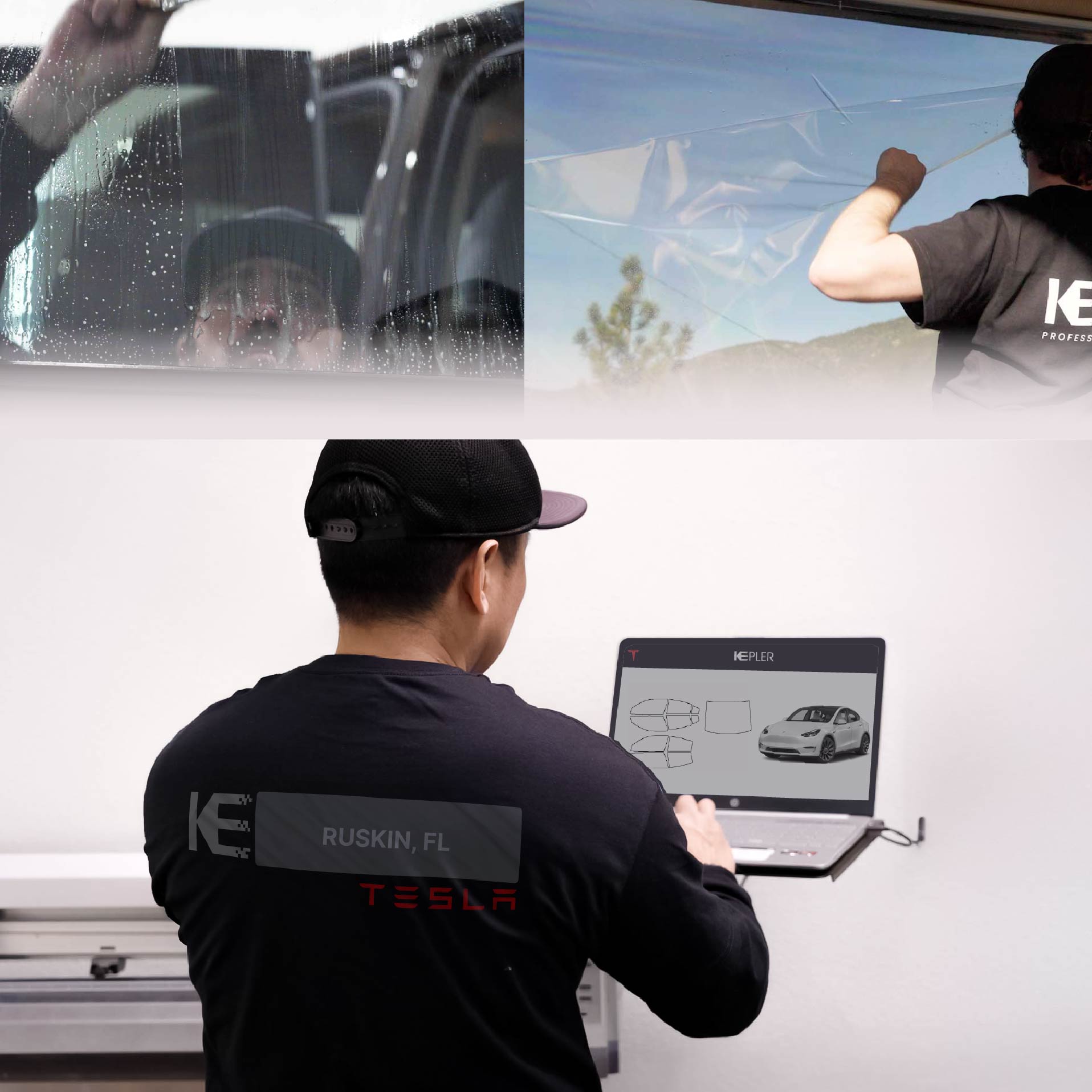 Expert Technician Applying Ceramic Window Tint to Tesla in Ruskin