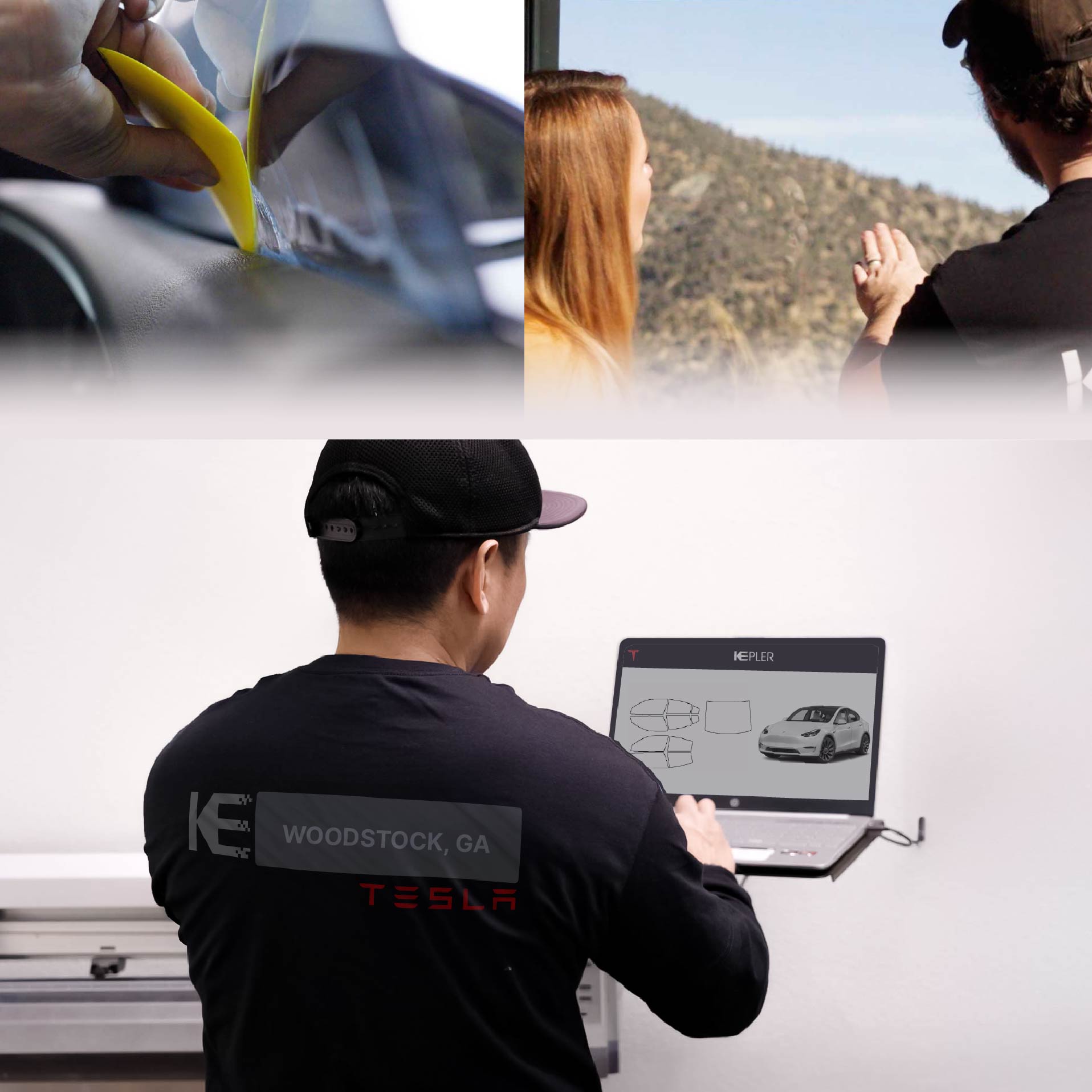 Kepler Technician Installing Advanced Window Tint to Tesla in Woodstock