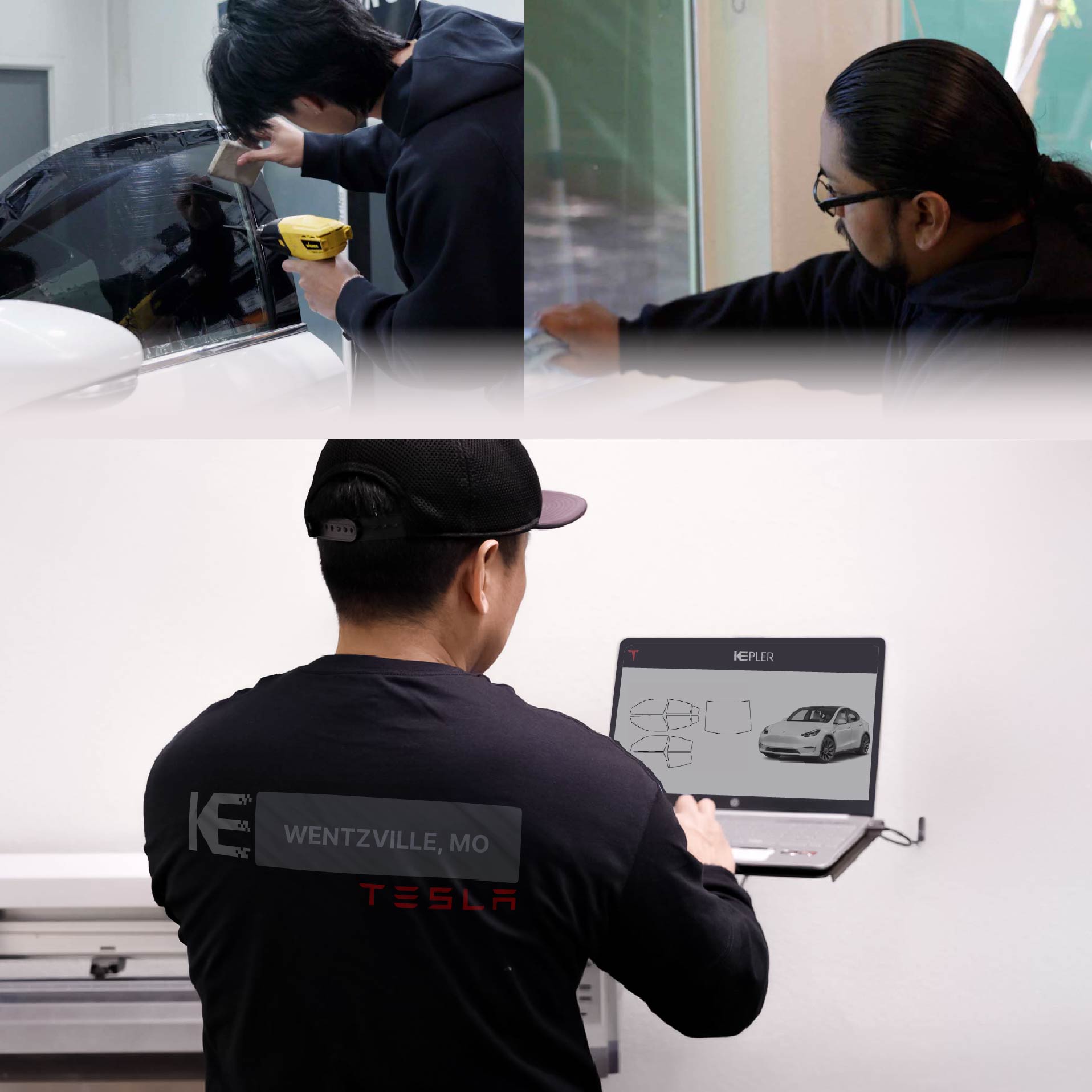 Expert Technician Installing Advanced Window Tint to Tesla in Wentzville