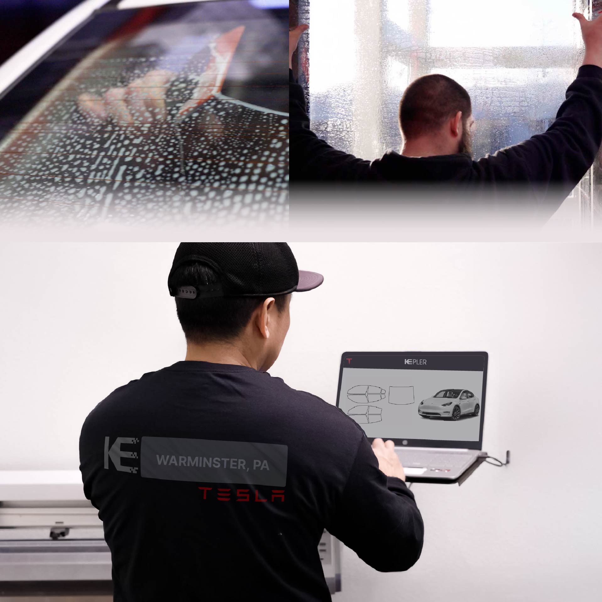 Expert Technician Applying Advanced Window Tint to Tesla in Warminster