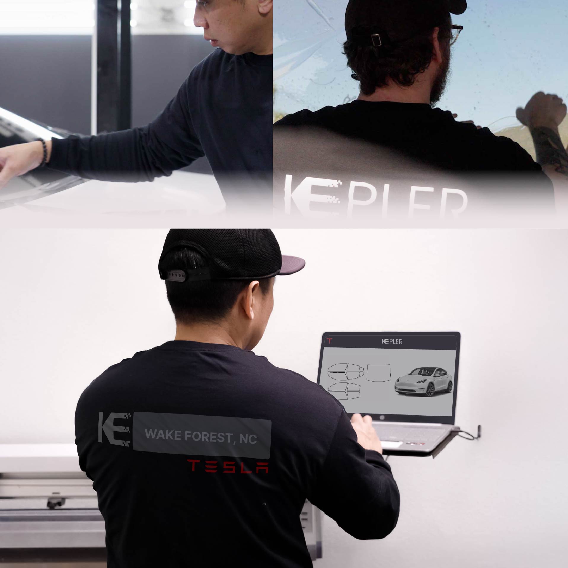 Kepler Technician Applying High-tech Window Tint to Tesla in Wake Forest