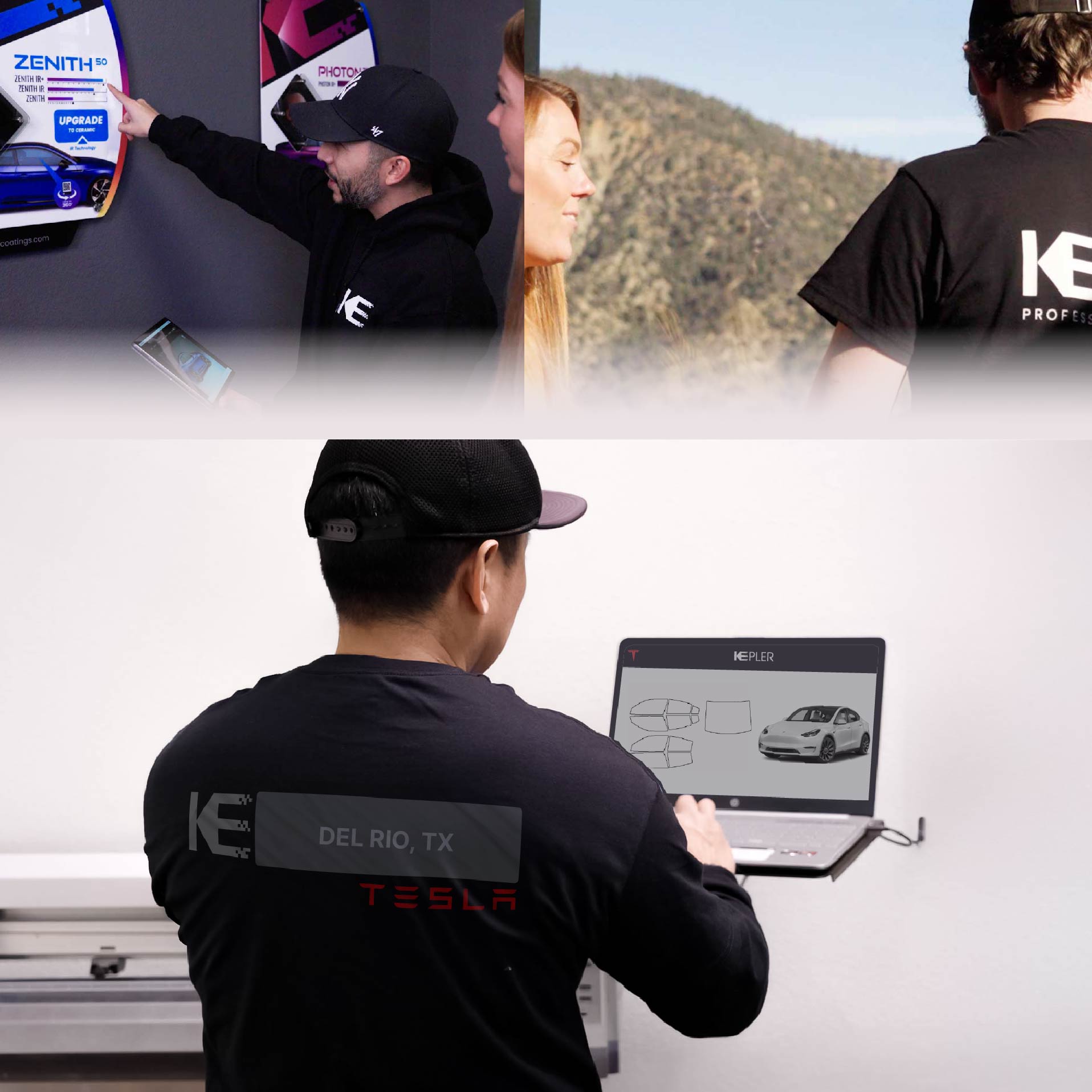 Kepler Technician Fitting Ceramic Window Tint to Tesla in Del Rio