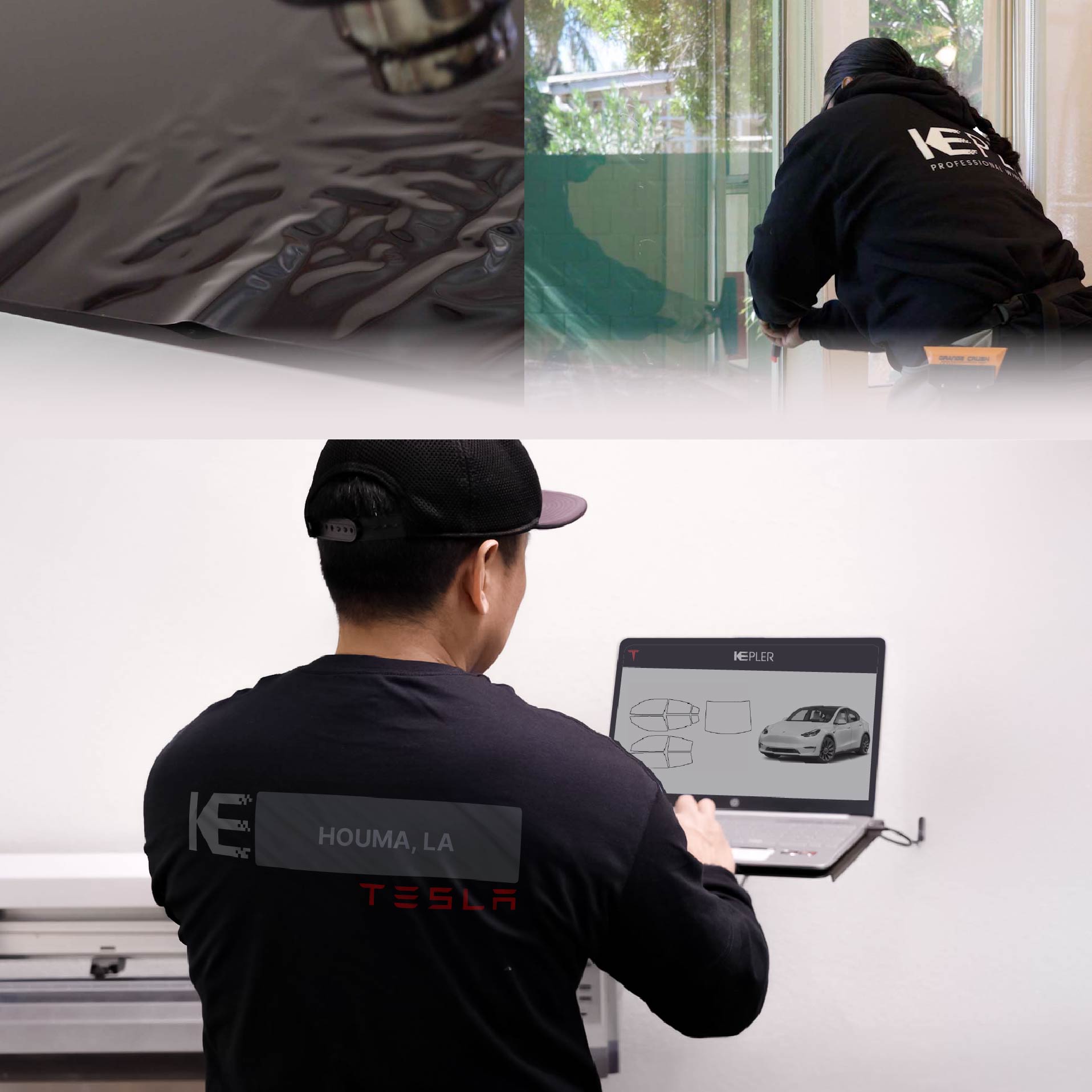 Expert Technician Fitting Advanced Window Tint to Tesla in Houma