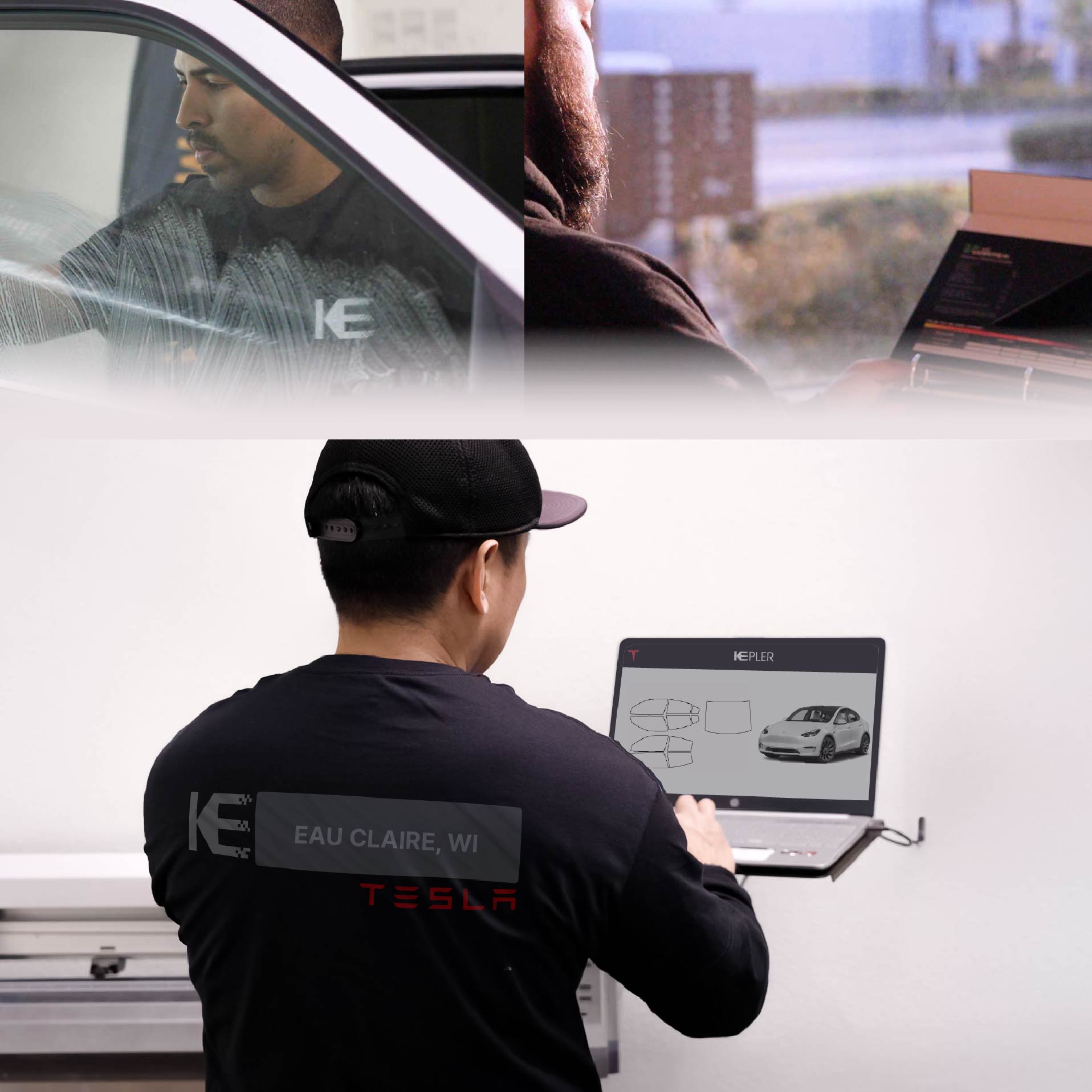 Kepler Technician Applying Ceramic Window Tint to Tesla in Eau Claire