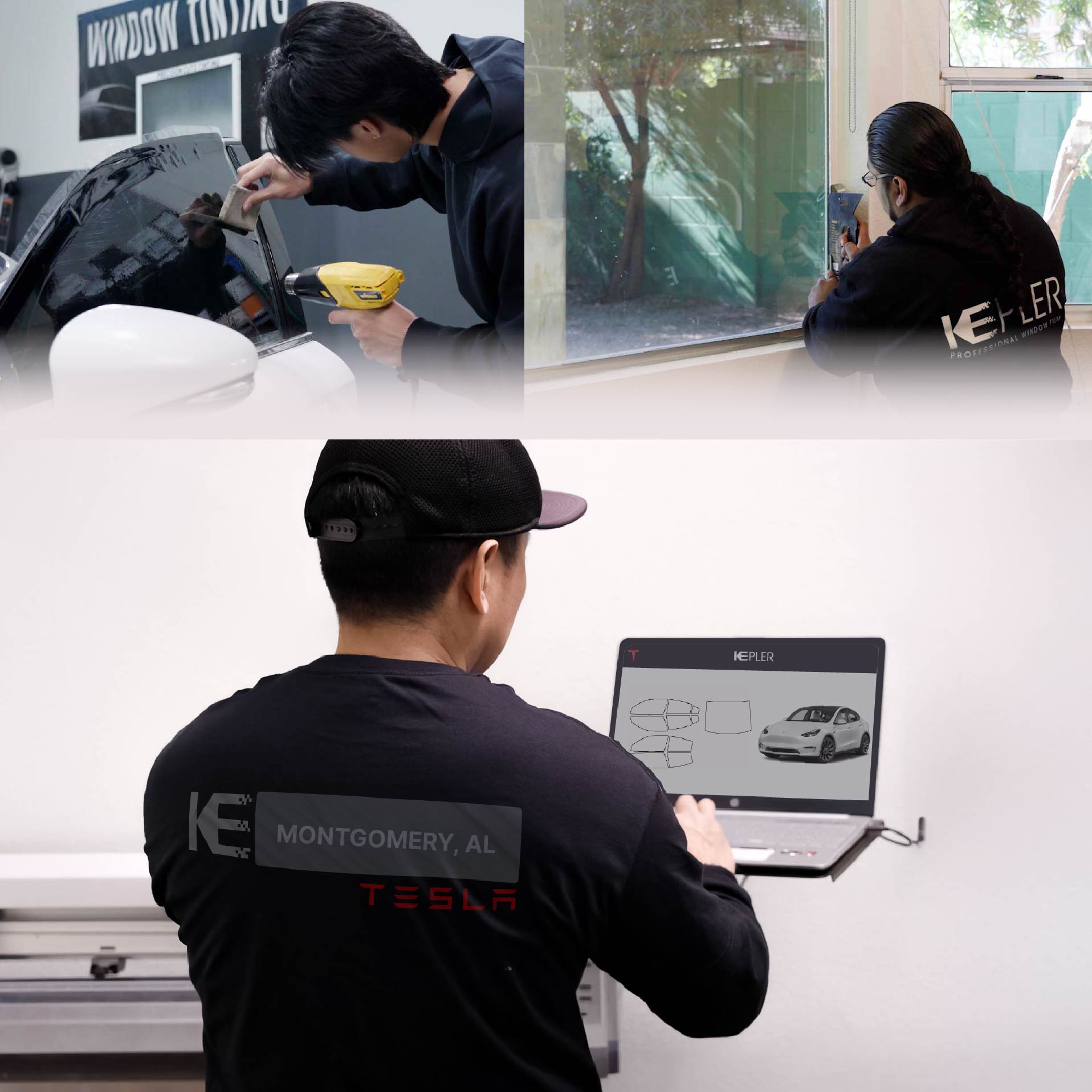 Kepler Technician Applying Ceramic Window Tint to Tesla in Montgomery