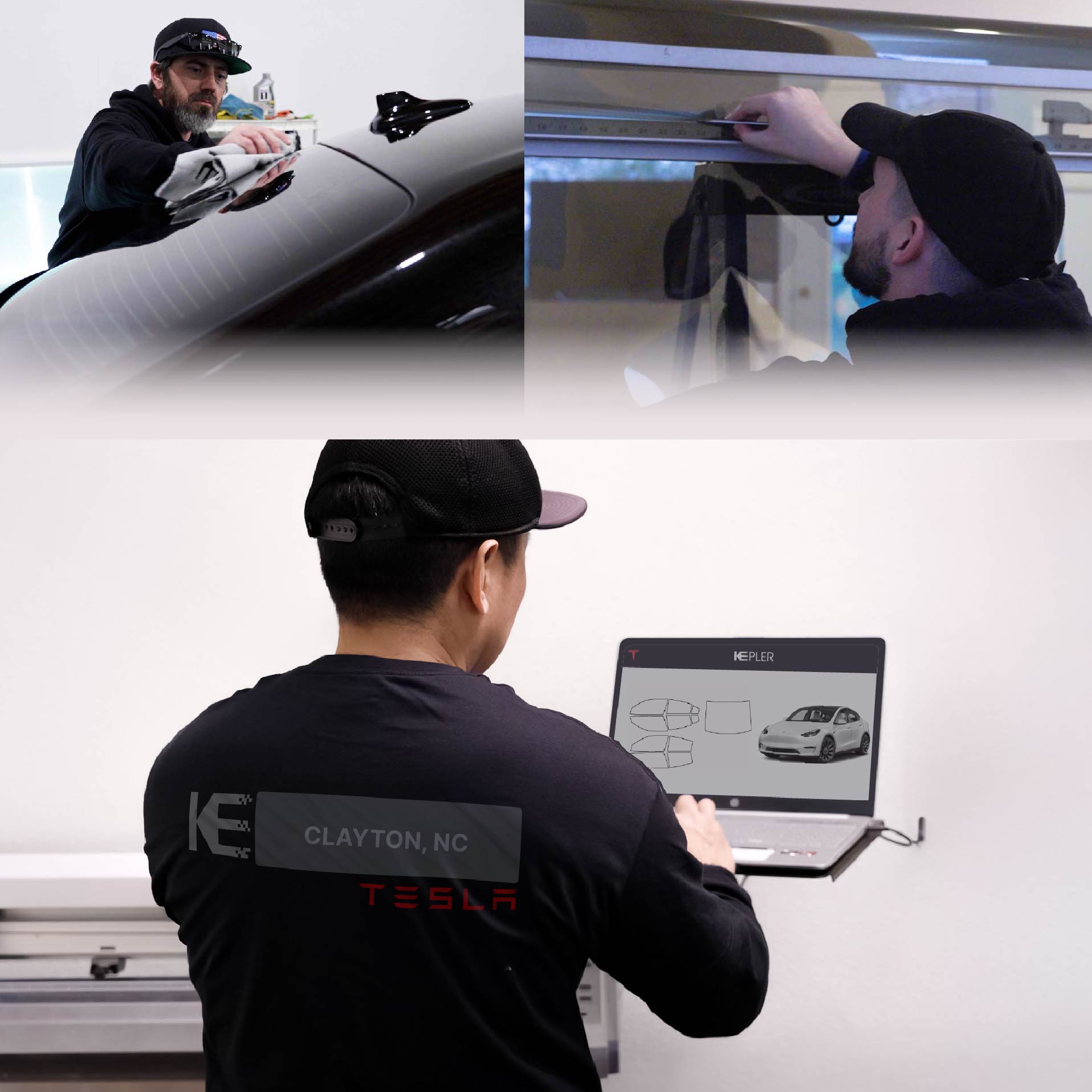 Expert Technician Applying Ceramic Window Tint to Tesla in Clayton