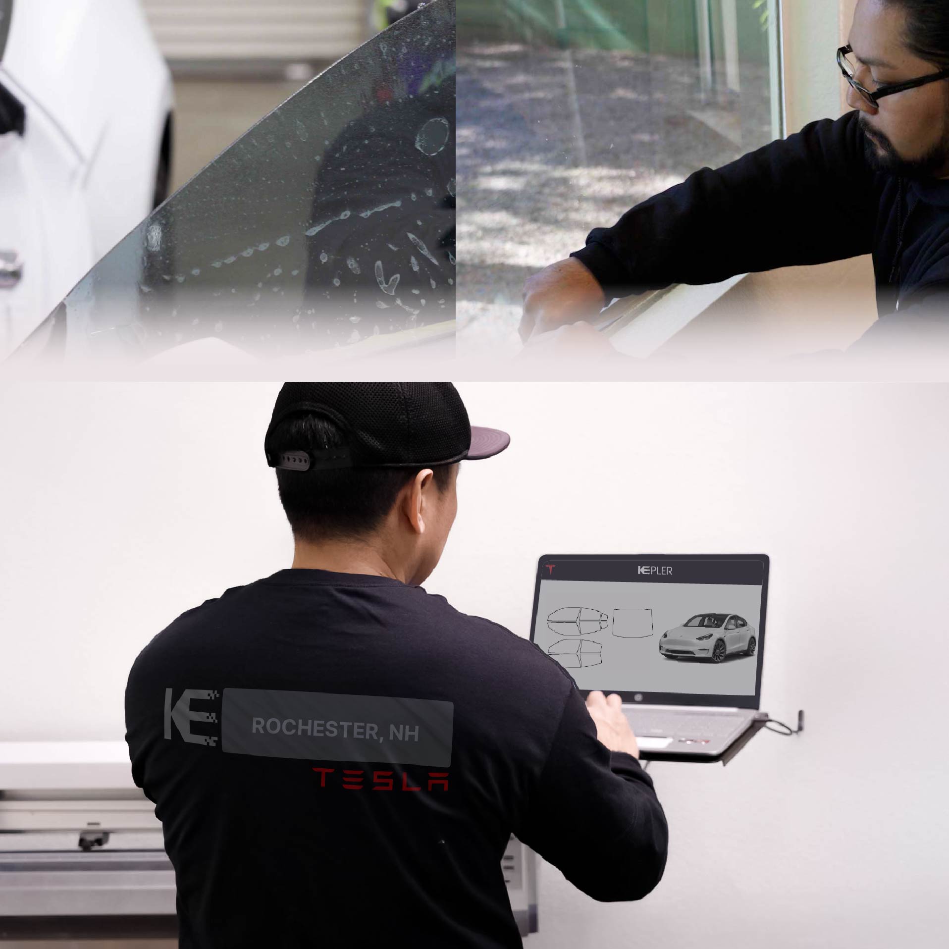 Kepler Technician Installing Advanced Window Tint to Tesla in Rochester