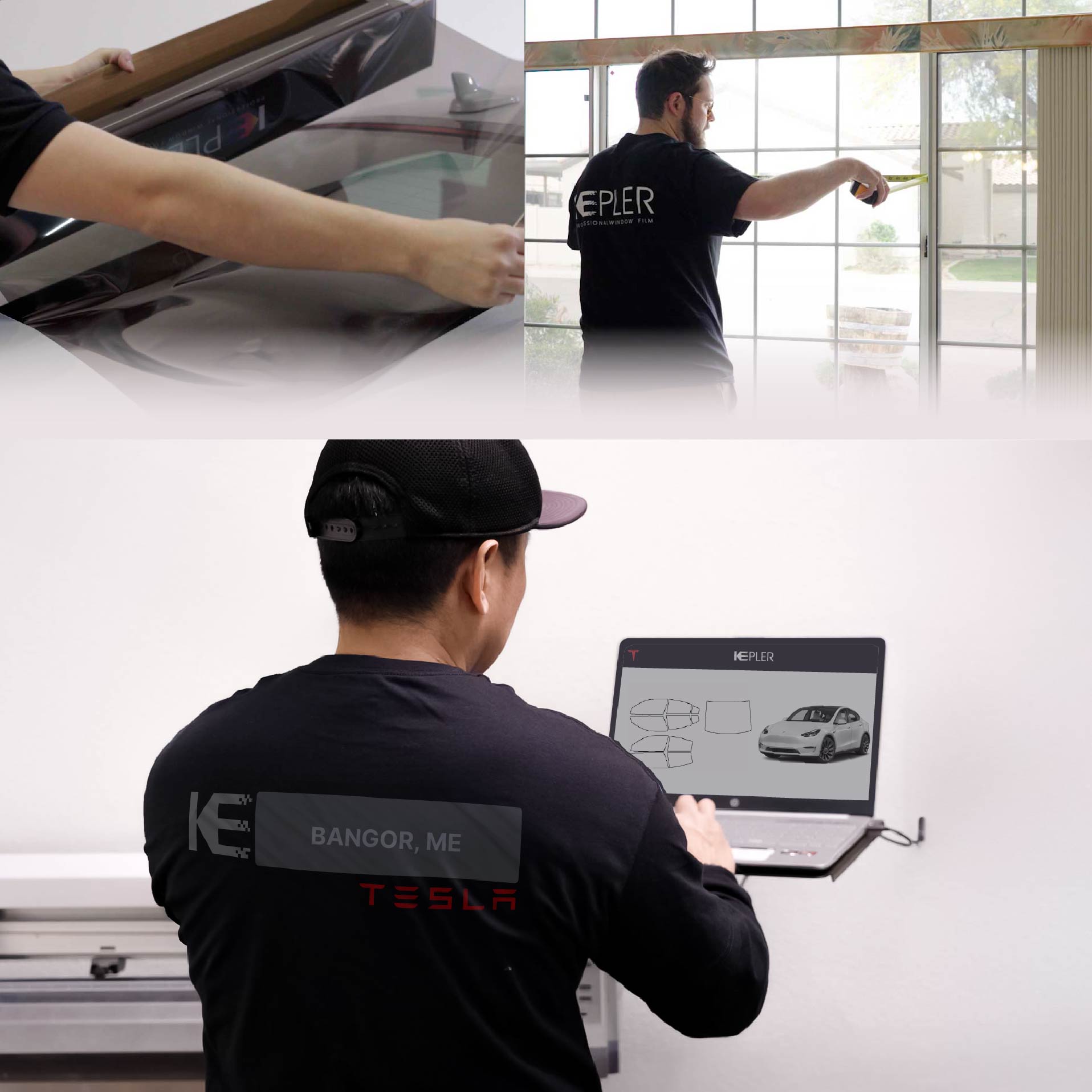Expert Technician Fitting High-tech Window Tint to Tesla in Bangor