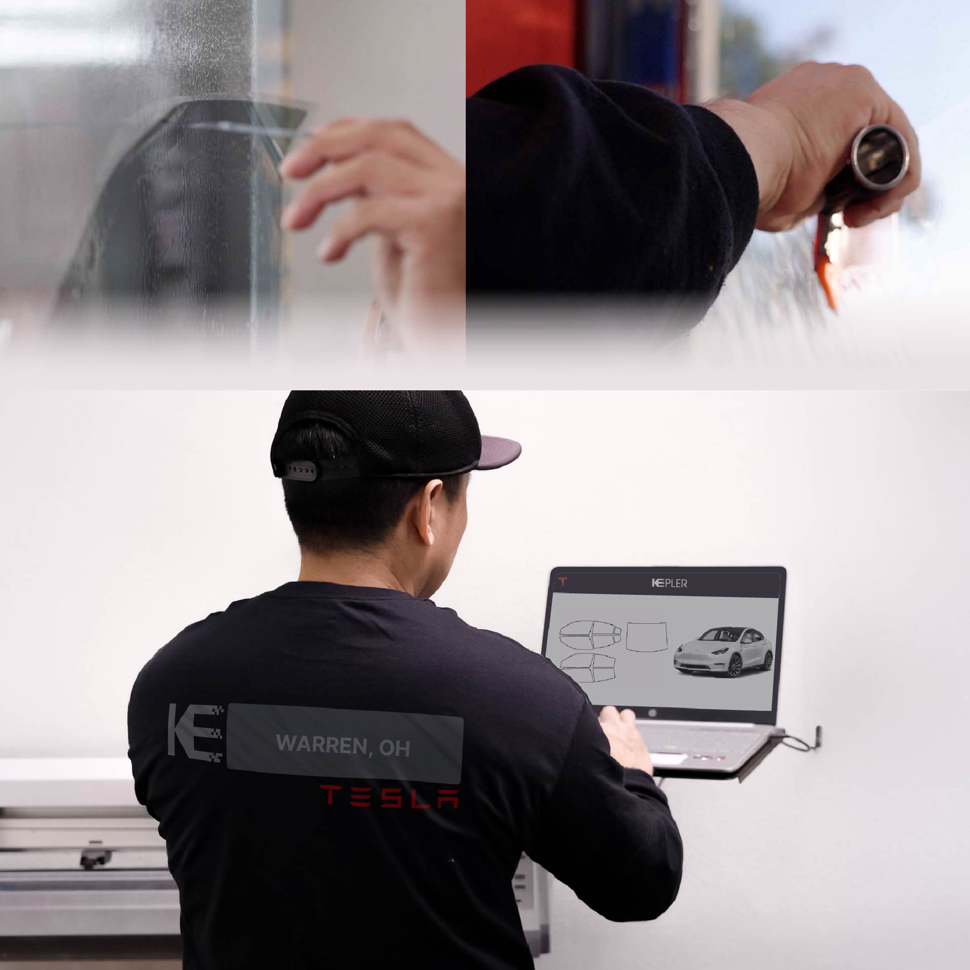 Kepler Technician Applying Advanced Window Tint to Tesla in Warren