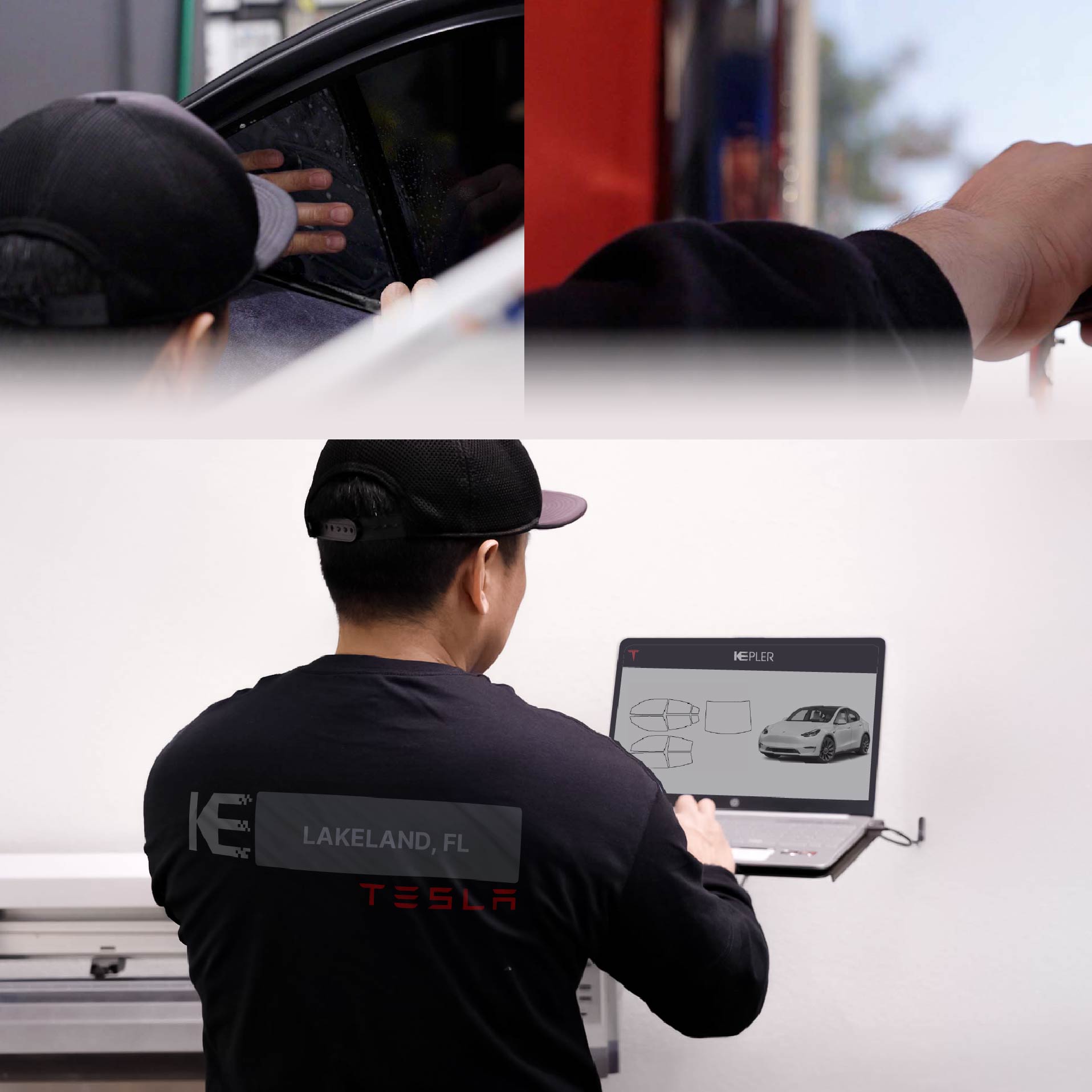 Kepler Technician Installing Advanced Window Tint to Tesla in Lakeland