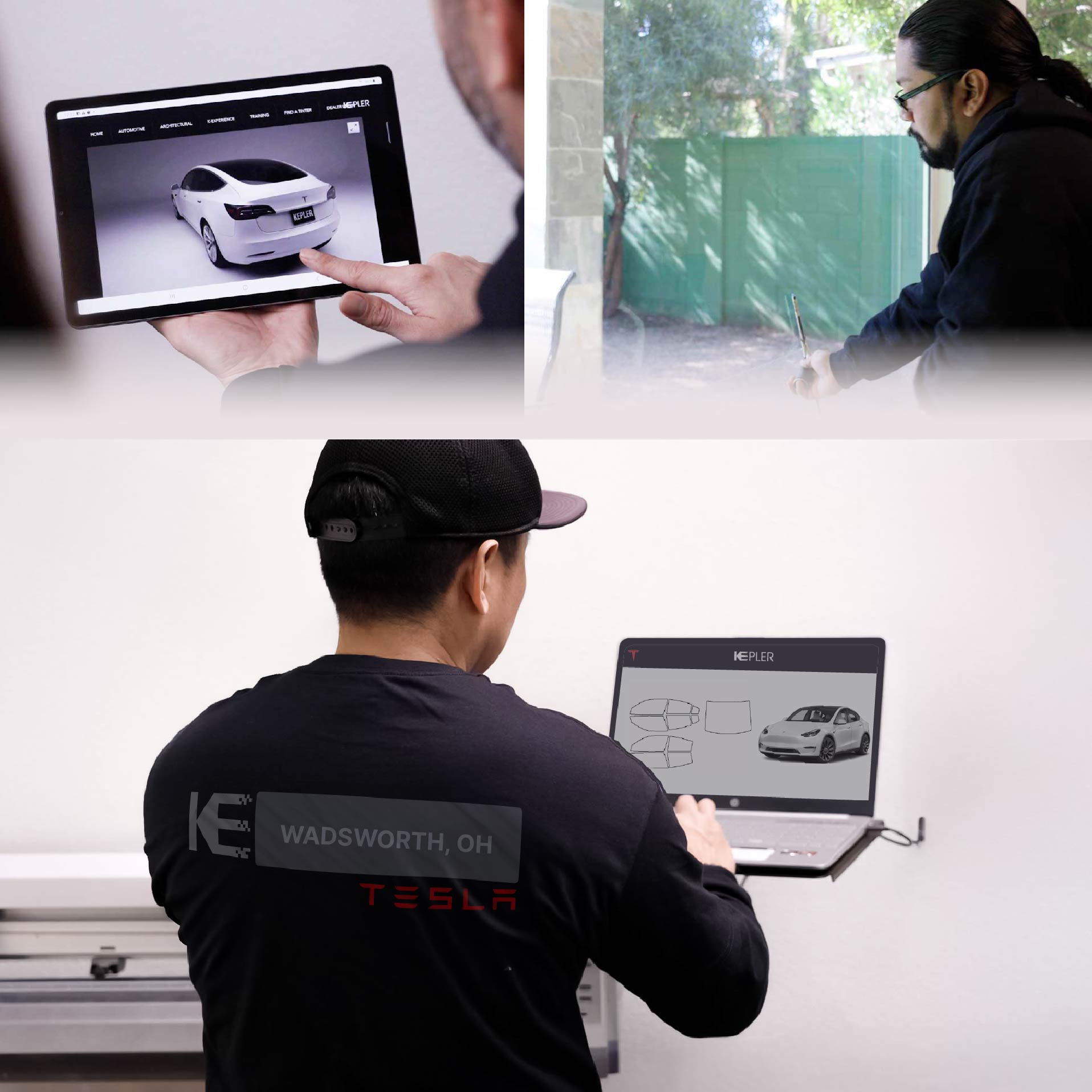 Kepler Technician Applying Ceramic Window Tint to Tesla in Wadsworth