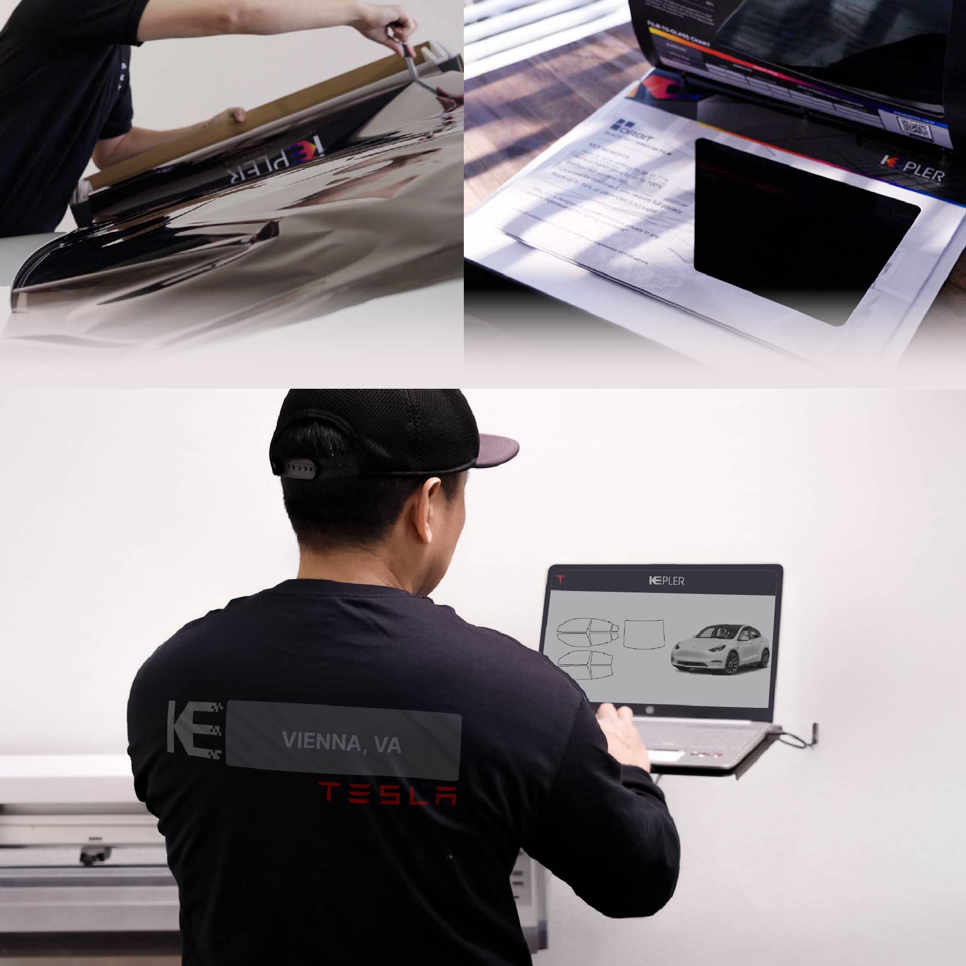Expert Technician Applying Advanced Window Tint to Tesla in Vienna