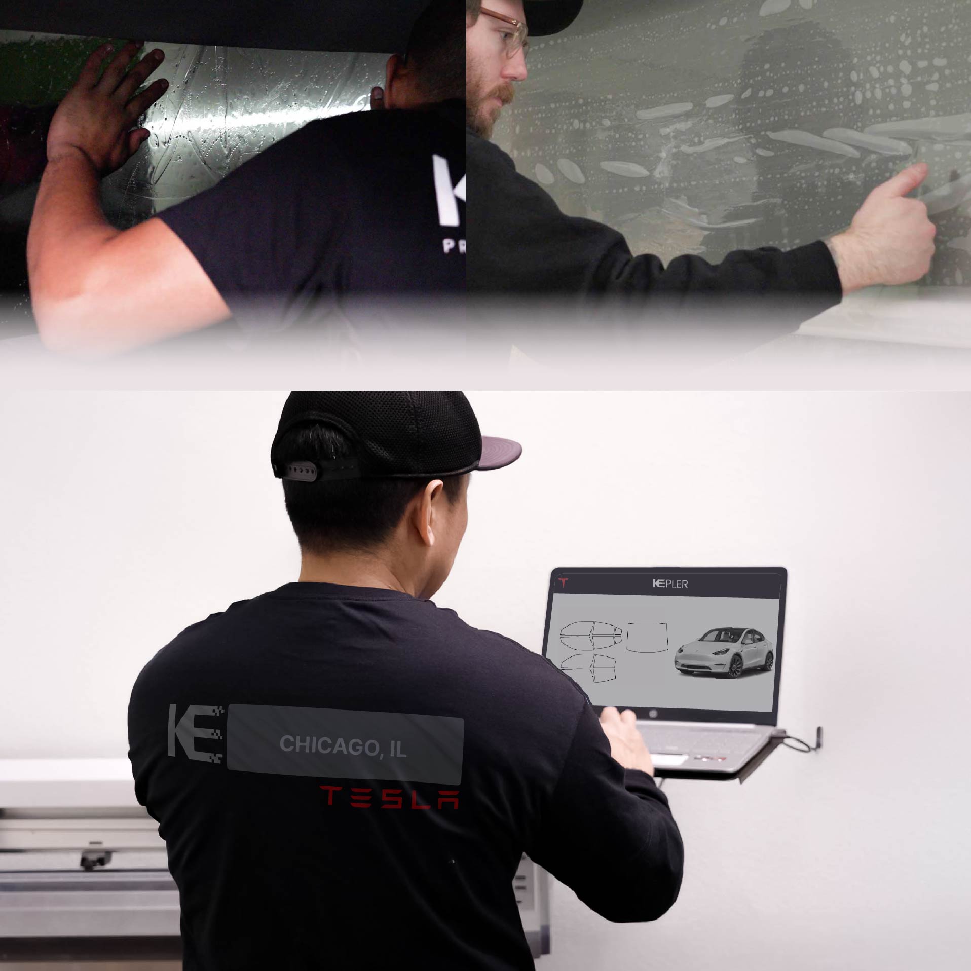 Kepler Technician Fitting Ceramic Window Tint to Tesla in Chicago