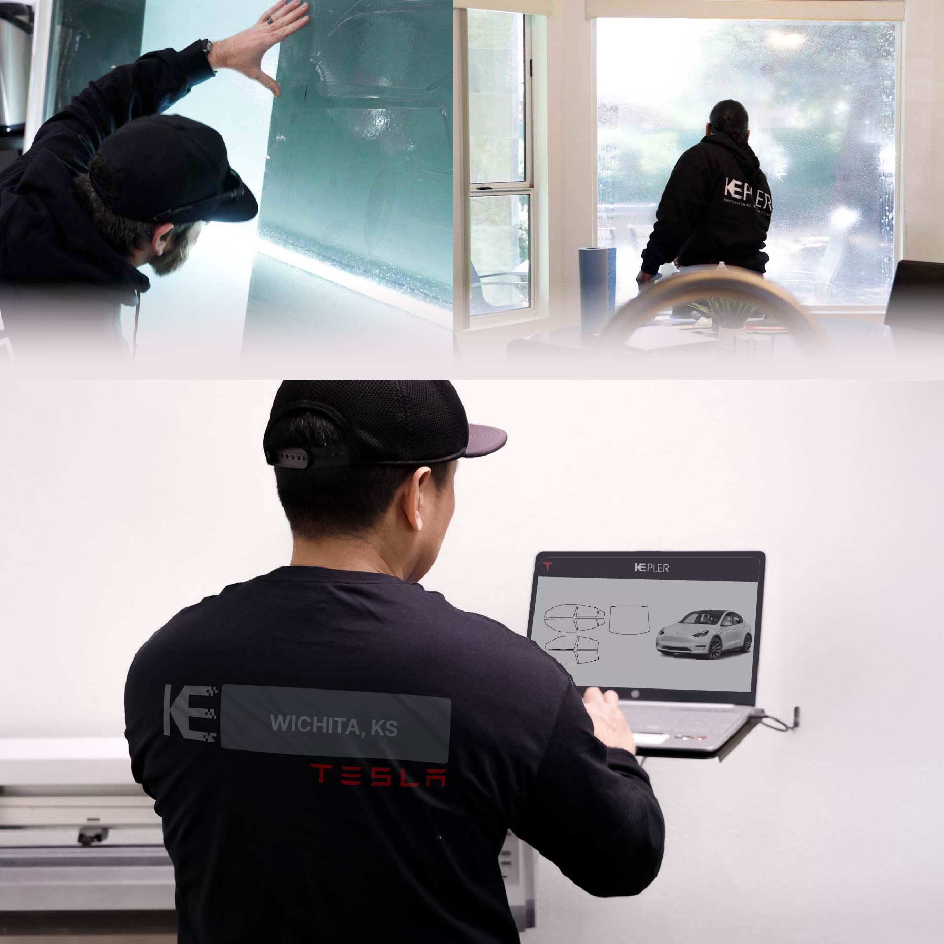 Kepler Technician Fitting High-tech Window Tint to Tesla in Wichita