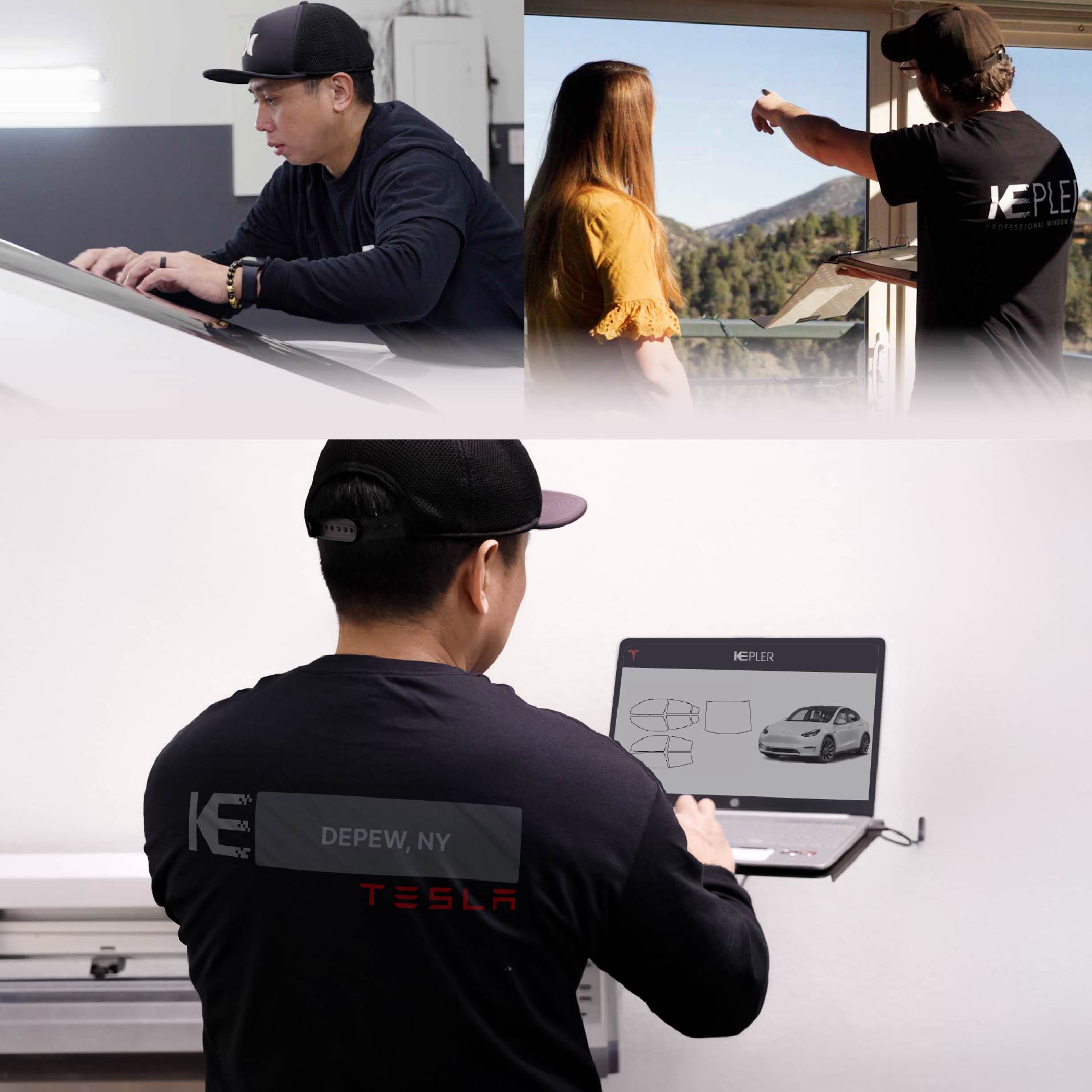 Expert Technician Fitting Advanced Window Tint to Tesla in Depew