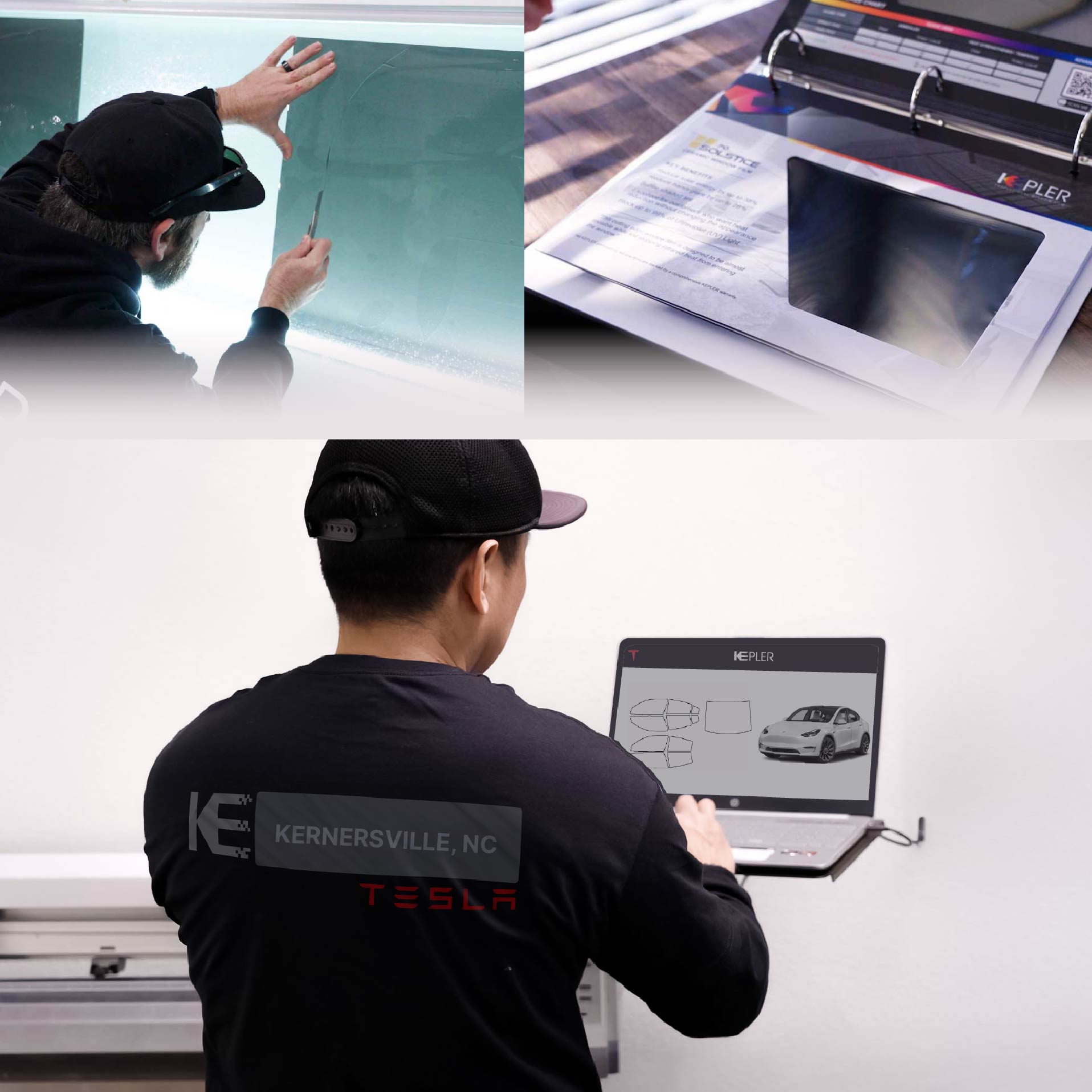 Expert Technician Fitting Ceramic Window Tint to Tesla in Kernersville
