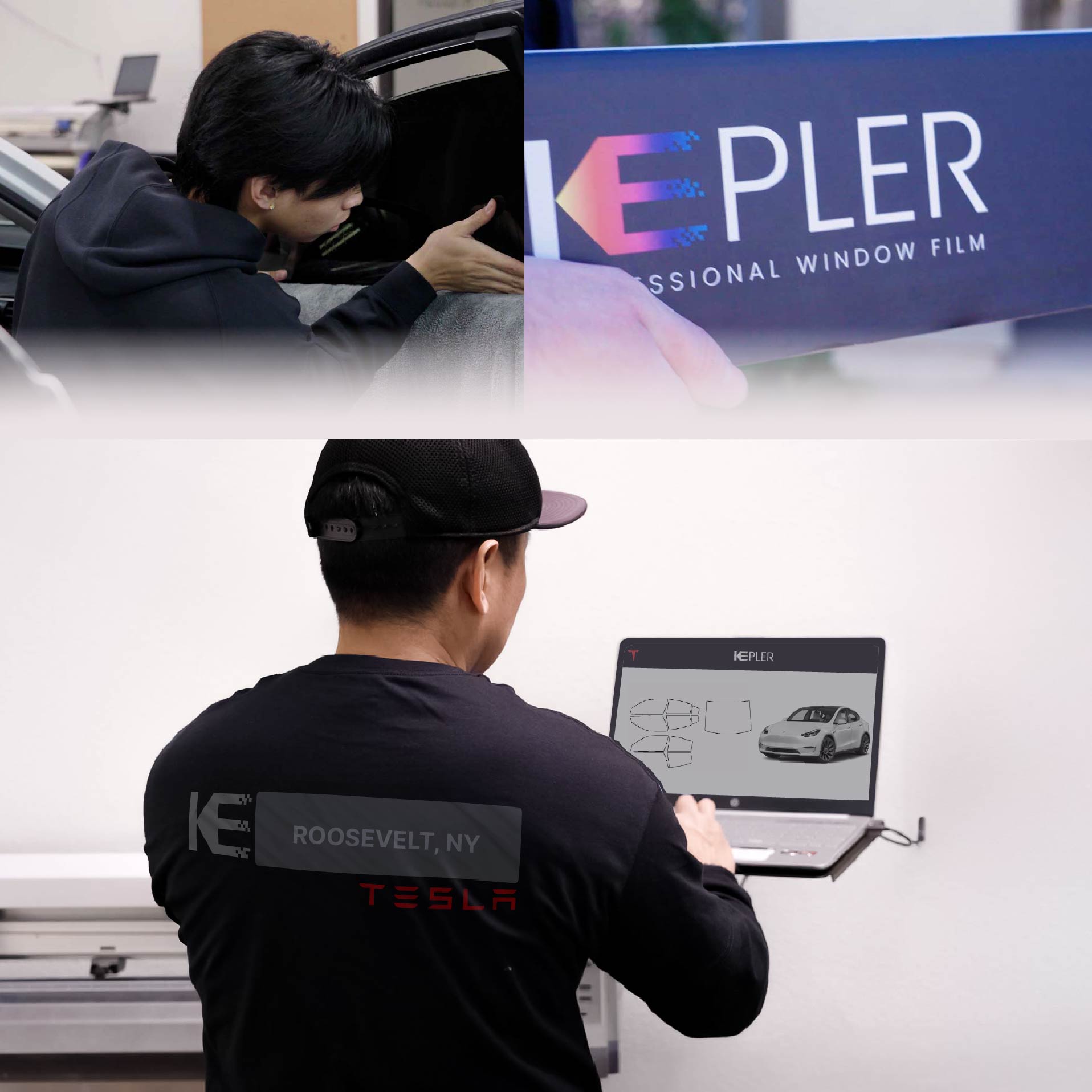 Kepler Technician Fitting Ceramic Window Tint to Tesla in Roosevelt