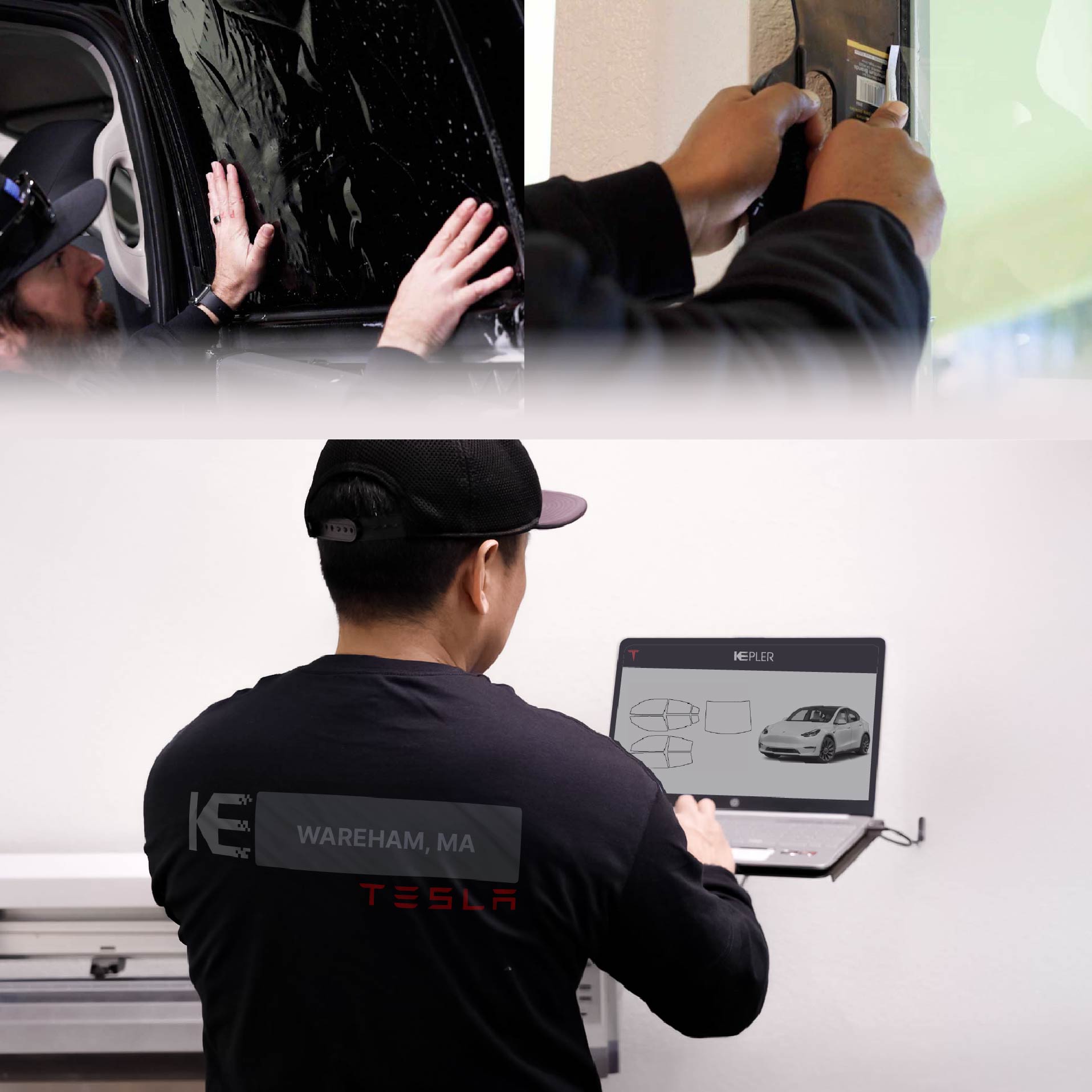 Kepler Technician Fitting Ceramic Window Tint to Tesla in Wareham