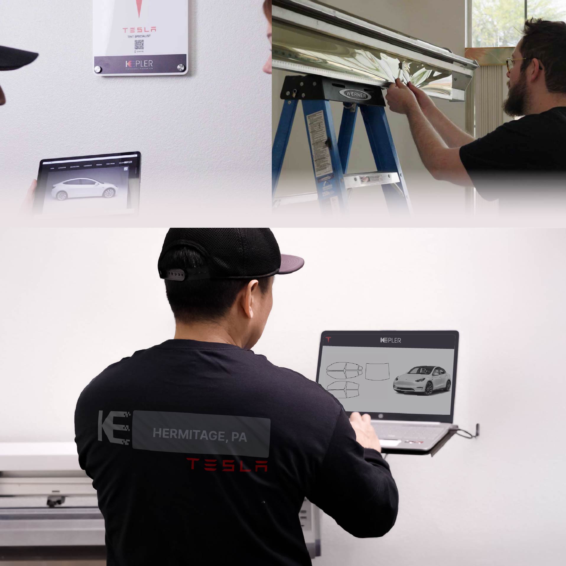 Kepler Technician Applying Ceramic Window Tint to Tesla in Hermitage