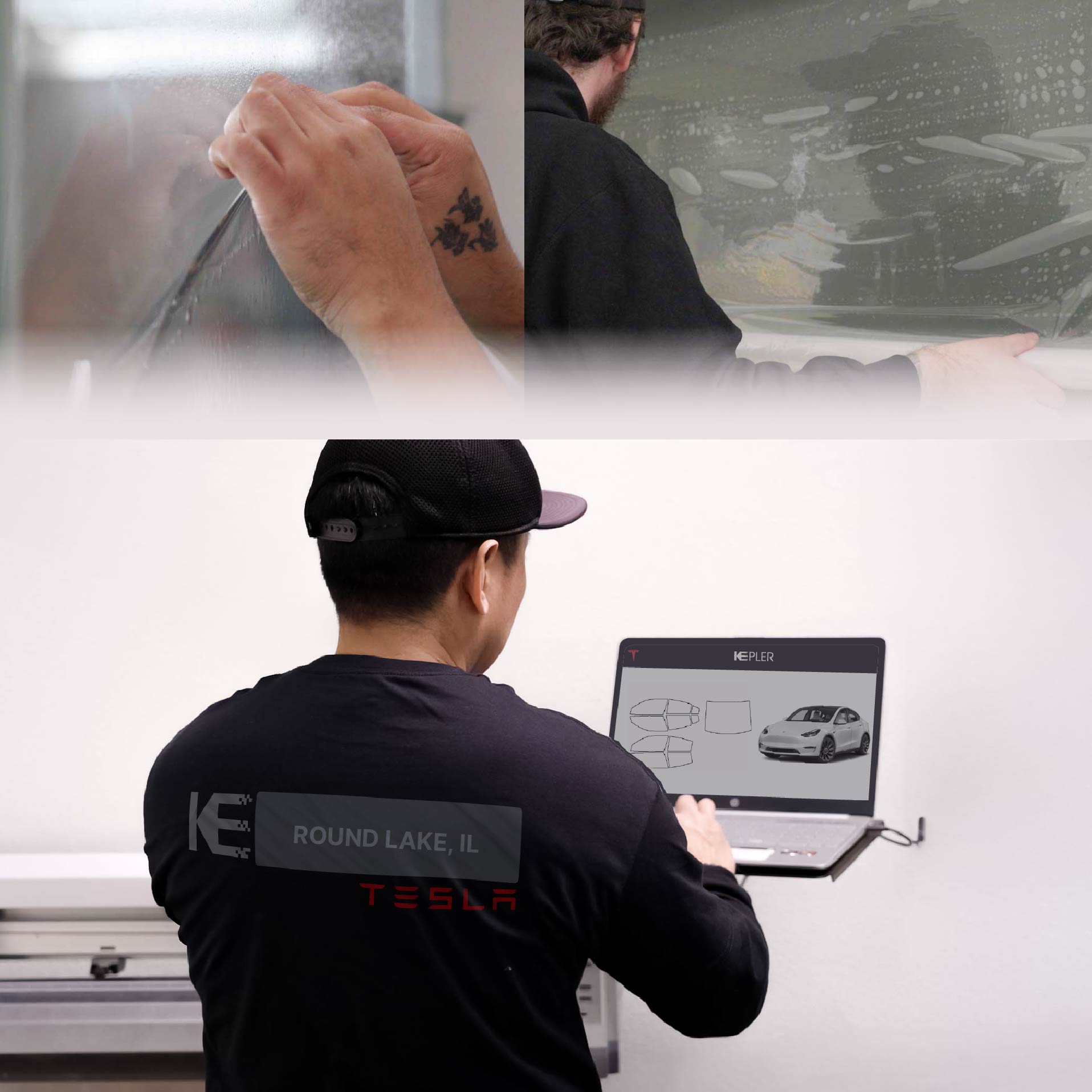 Kepler Technician Applying High-tech Window Tint to Tesla in Round Lake